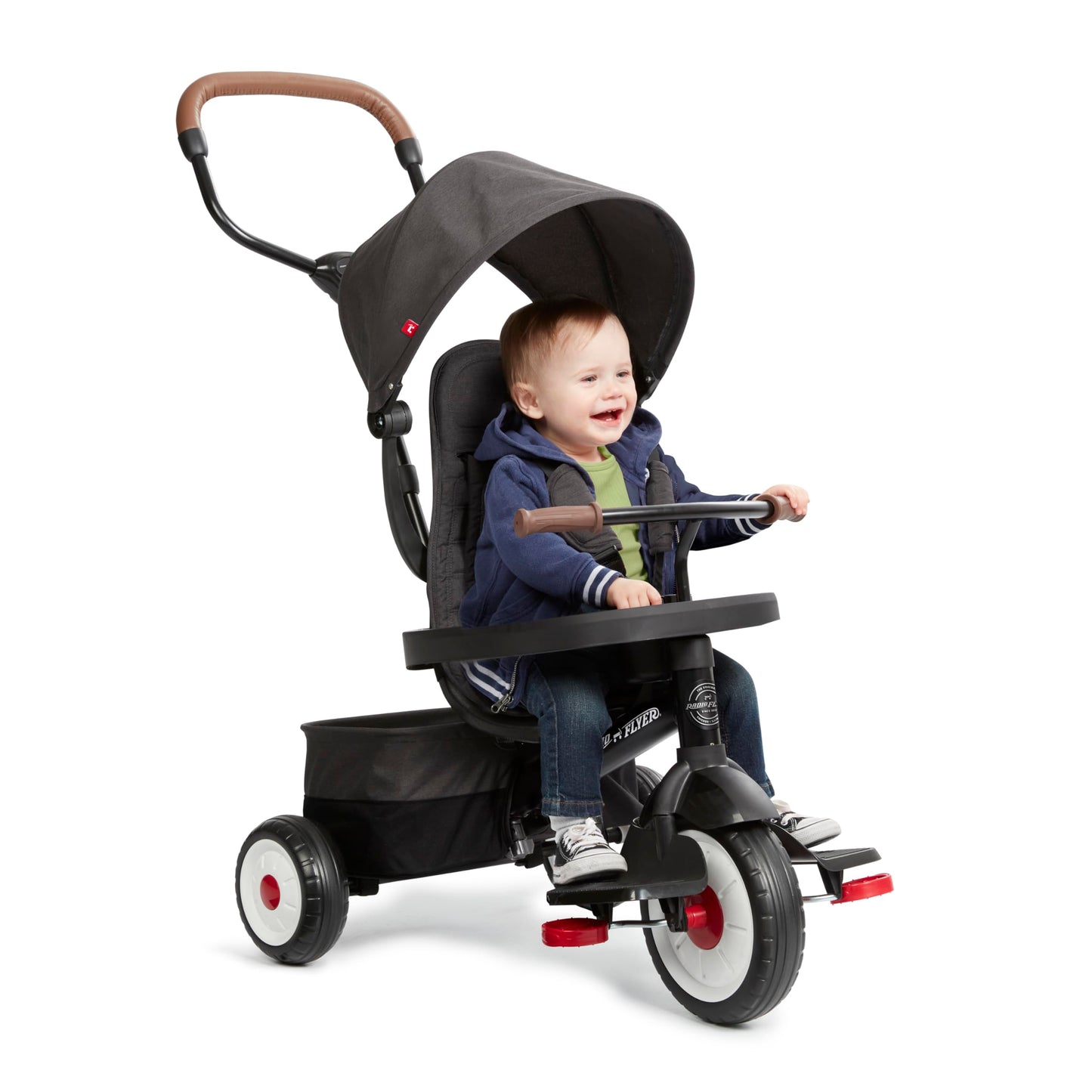 Radio Flyer City 4-in-1 Stroll 'N Trike, Black, for Riders 1-5 Years Old, 4 Riding Modes, 3 Point Harness with Comfort Pad, Parent Controlled Steering, Rear Storage, Stroller Tricycle for Toddlers