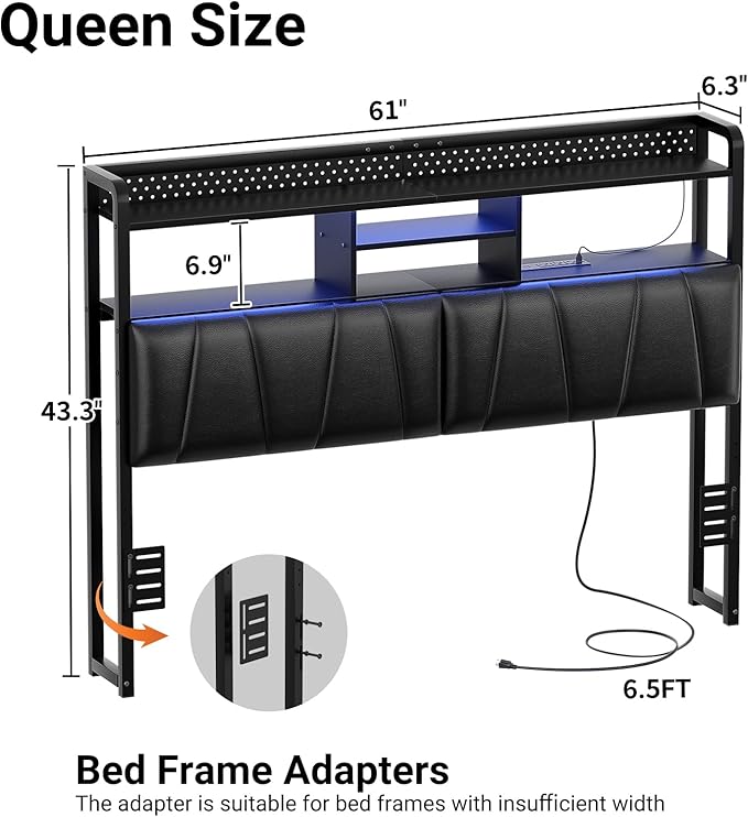 Unikito Headboard for Queen Size Bed Frame, Upholstered Head Board with Outlets, USB Ports and LED Light, Comfortable Leather Headboards with Storage Shelf, Sturdy Queen Bed Headboard Only, Black