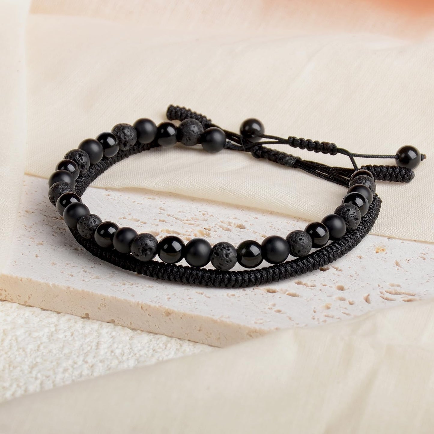 LPBeads 6mm Onyx Lava Obsidian Mixed stone Bracelet with Handmade Rope Bracelet Size Adjustable Natural Stone Crystal Healing Bracelets Gifts for Unisex Adults