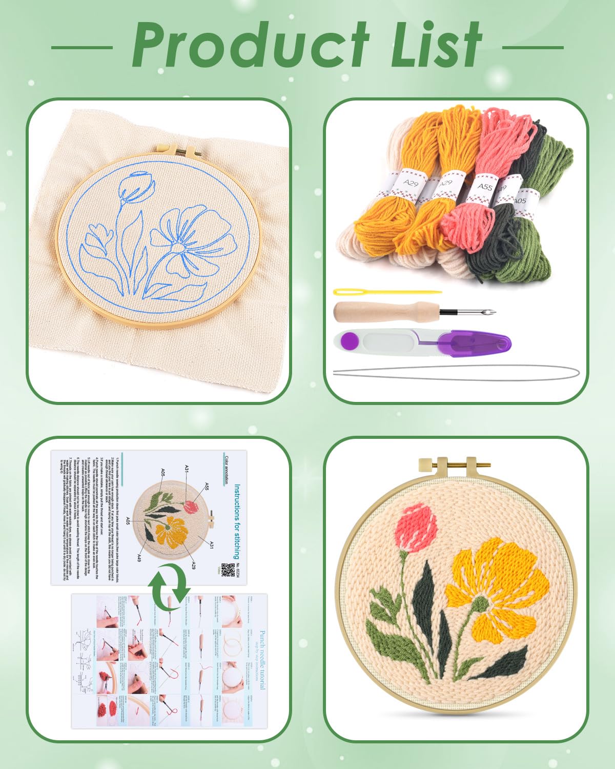 ERKOON Punch Needle Kit Adults Beginners, DIY Easy Floral Embroidery Set for Starter Art Craft, Needling Punch Project with Patterns, Tools, Yarns, Hoop, Instruction (Rhubarb Flowers)