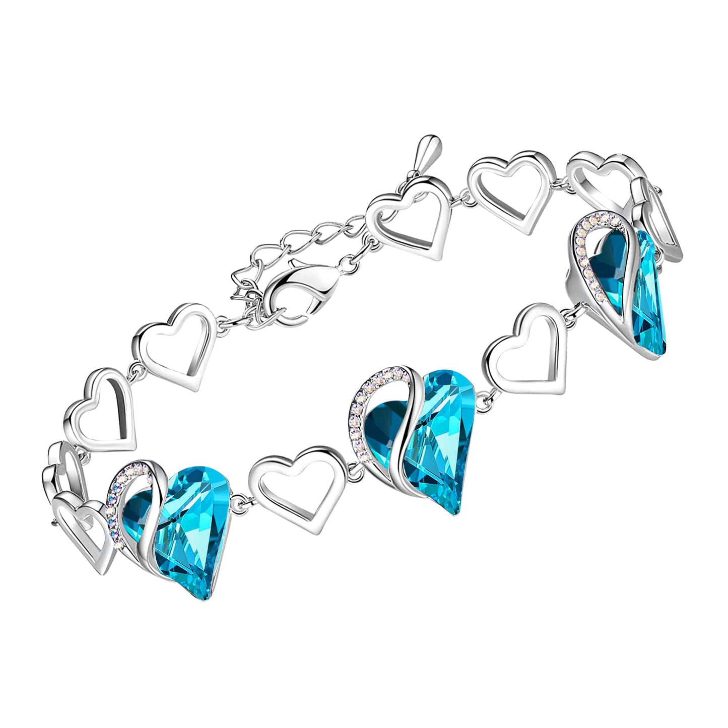 Leafael Infinity Love Heart Gift Bracelet for Women, December Birthstone Crystal, Turquoise Aquamarine Blue, Silver Tone, 7-inch Chain and 2-inch Extender