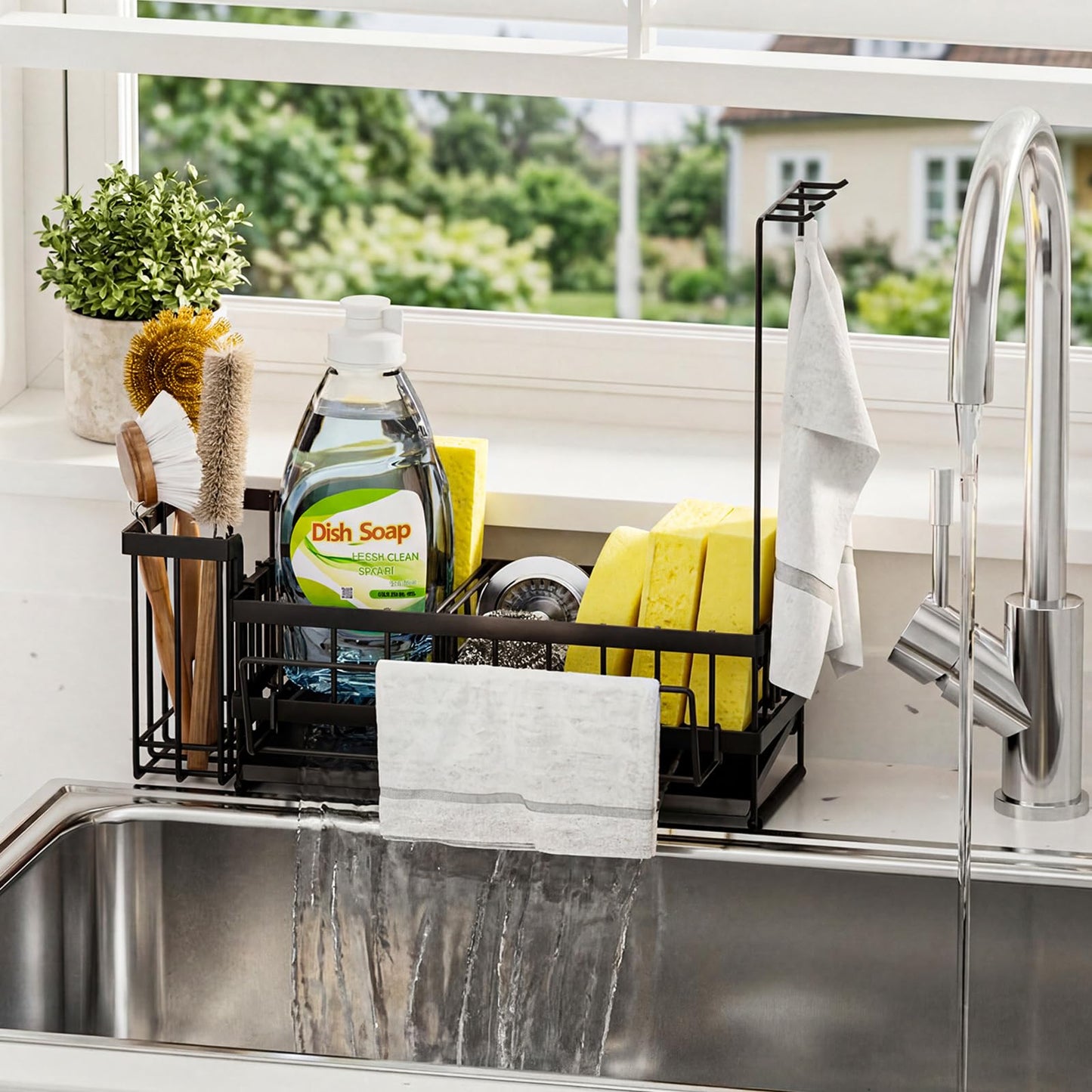 Sponge Holder for Kitchen Sink – Rustproof Stainless Steel with Detachable Drainboard, Brush Rack & Towel Bar | Compact, Non-Slip Design for Countertop Bathroom