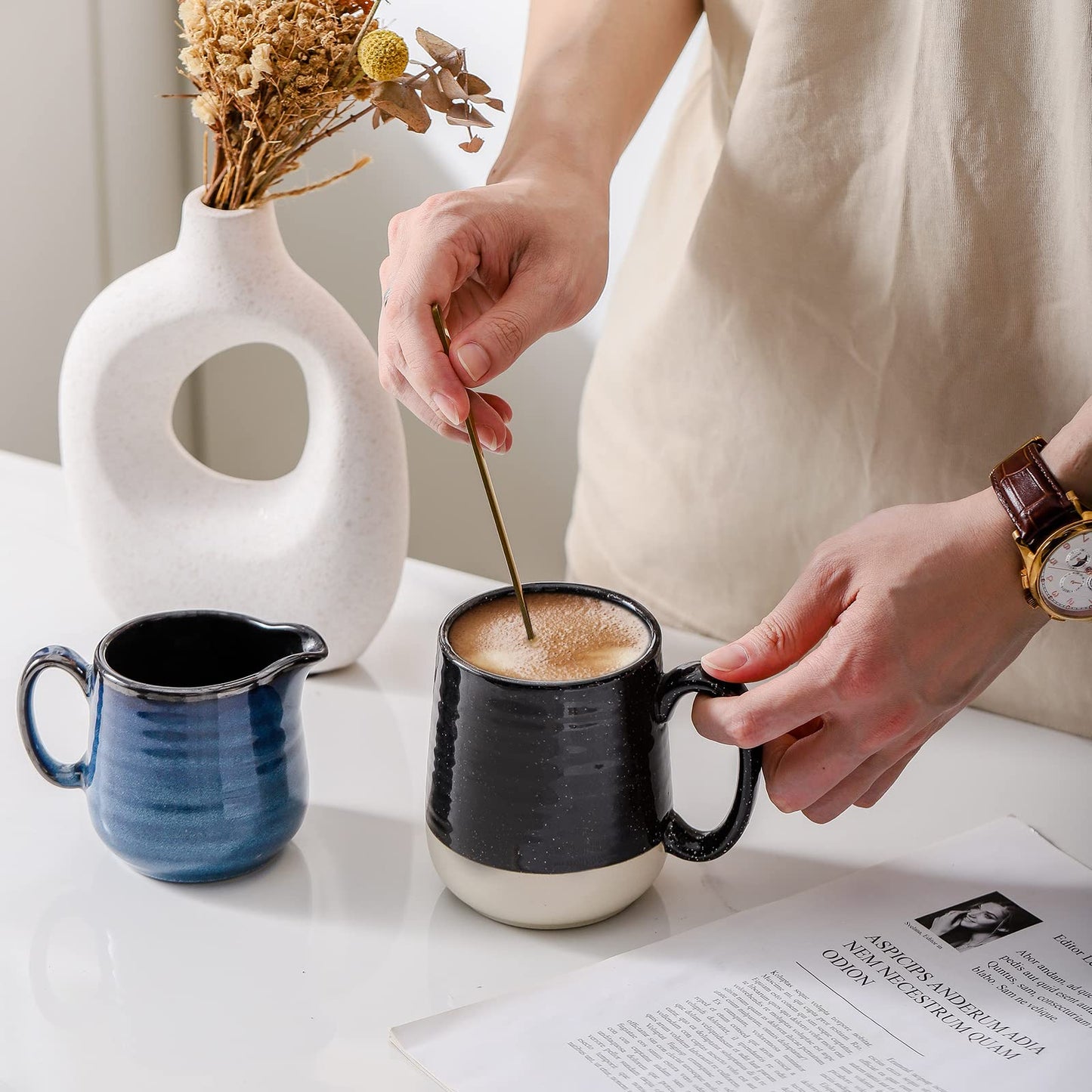 HASENSE Large Coffee Mug, 20 oz Ceramic Coffee Cup with Comfortable Handle for Office and Home, Ideal for Coffee Tea Latte, Dishwasher Microwave Safe, 1 PCS(Black)