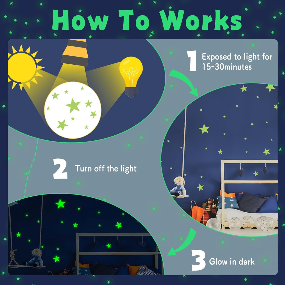 Glow in The Dark Stars Wall Stickers - 6 Sheets 307 Pcs Glowing Wall Decals Ceiling Stickers, Stick on Stars Glow in The Dark for Baby Kids Bedroom Wall Decor