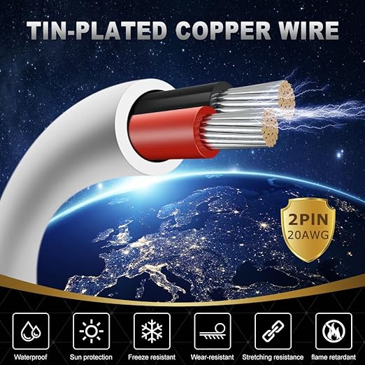 20 Gauge 2 Conductor Electrical Wire, 100FT White Stranded Low Voltage 20/2 PVC Case, 20 AWG Tinned Copper 2 Wire Extension Power for Strips LED Lamp Lighting