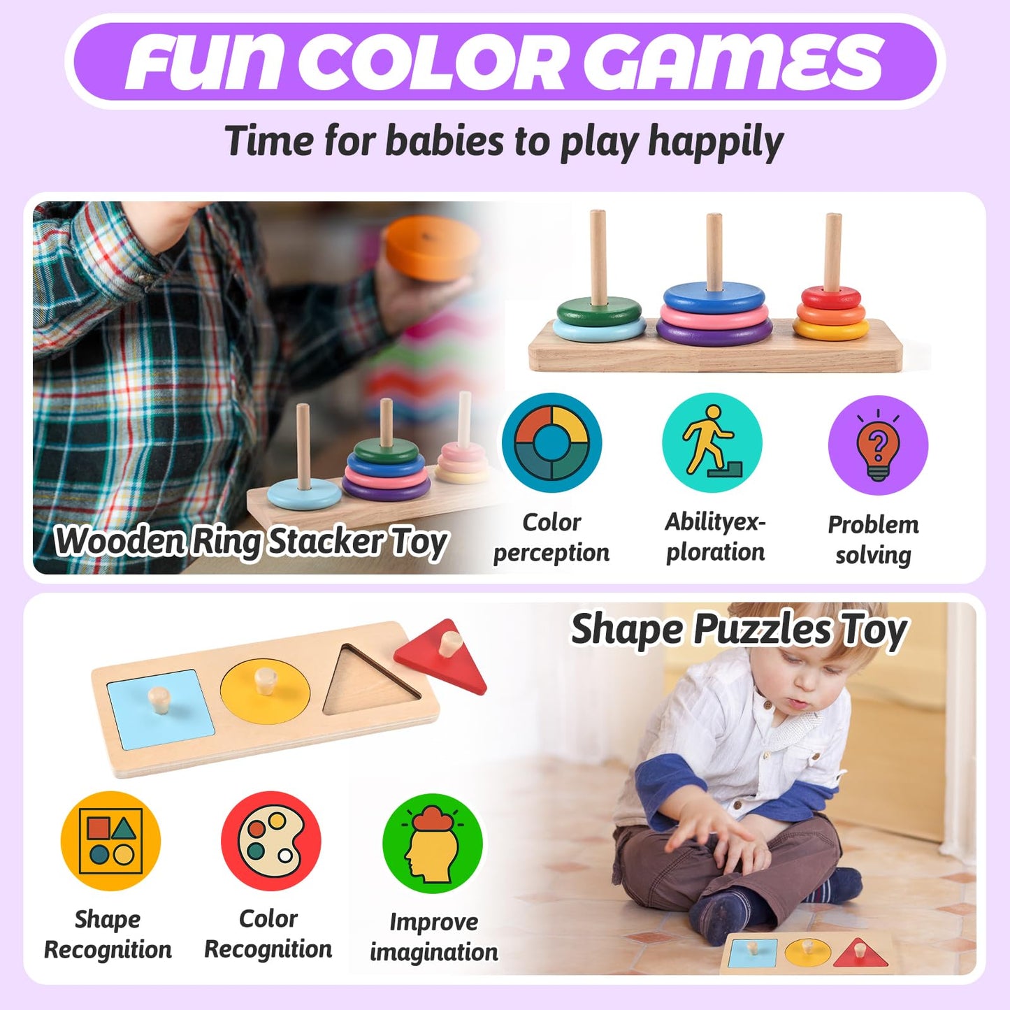WoodTrove Wooden Montessori Toys for 1+ Year Old, 9-in-1 Learning Educational Set with 3-in-1 Activity Box, Pound Bench, Shape Puzzle, Cloth Books, Fishbone Matching & Ring Stacker