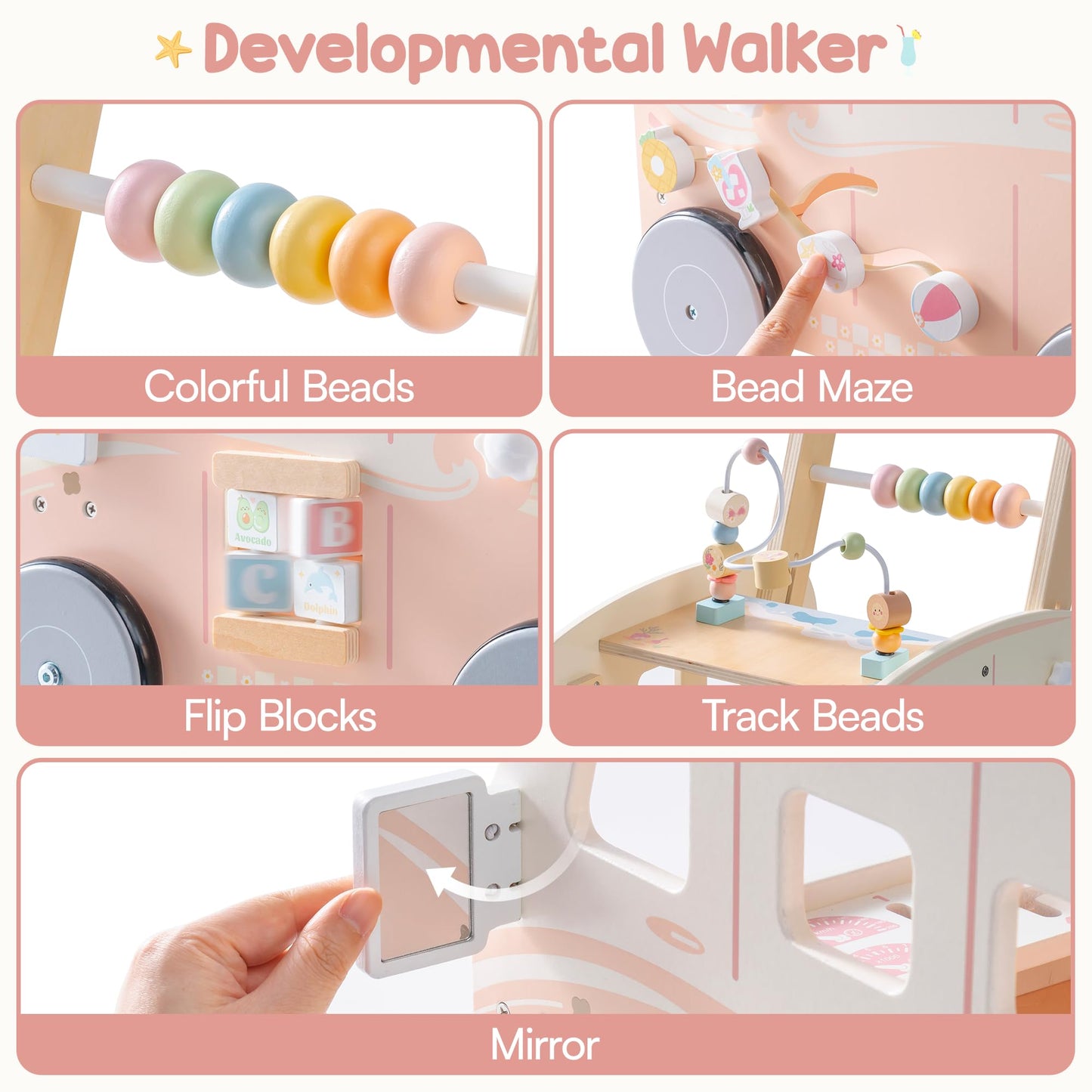 ROBOTIME Wooden Baby Walker, Baby Push Walker, Activity Center Toys, Ajustable Speed Multi-Functional Baby Walker with Wheels for Babies Learning to Walk (Pink)