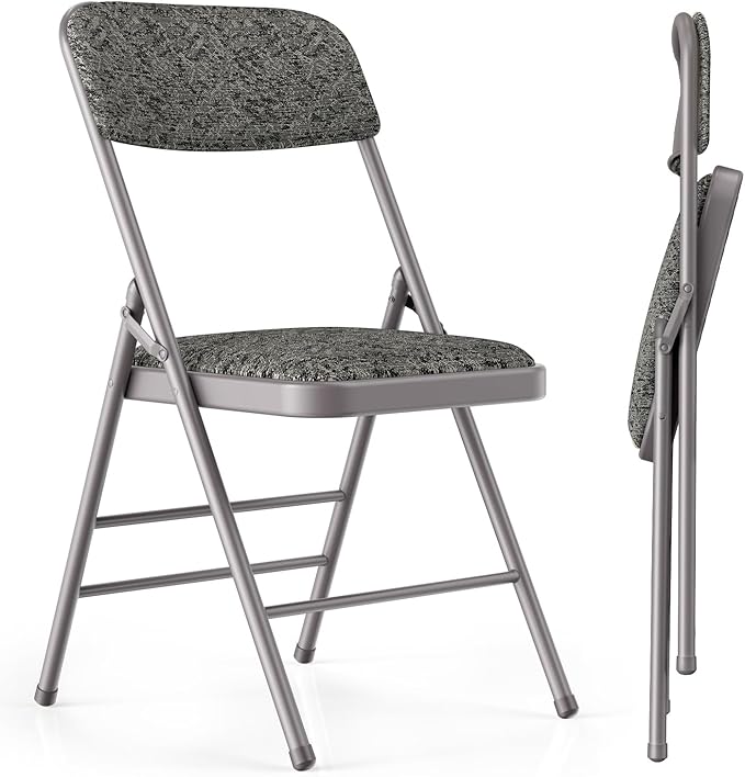 Commercial Grade Folding Chair with Padded Fabric Cushion（16"X16" |Double-hinged Legs Luxury Style|4.5kg Capacity Max Weight 150Kg for Home and Office,Indoor and Outdoor Events (2, Fabric-Grey)