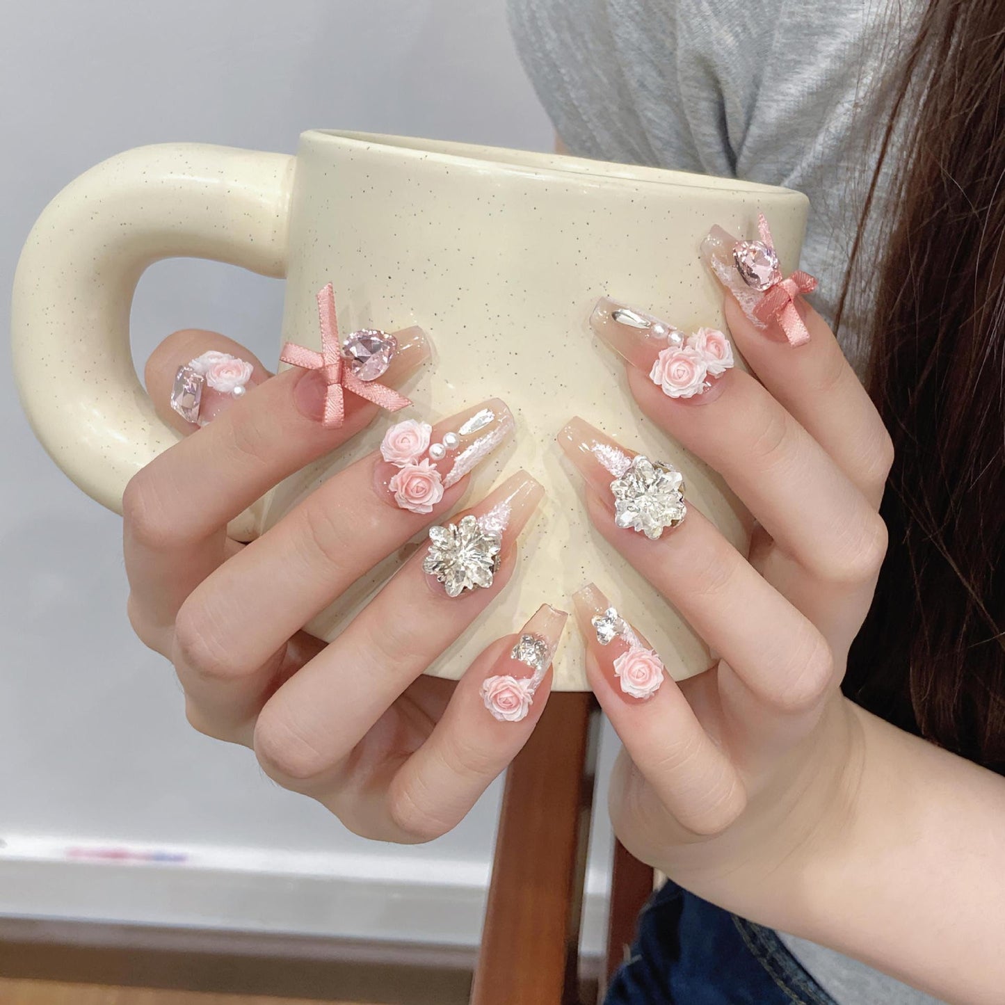 NLSJMP,Handmade Long Balerina Press on Nails,bow rhinestone Pearl Design Nail Art Kit,Acrylic Fake Nails Kit,Reusable False nails,Include Toolkit,10pcs,Rose,Size M