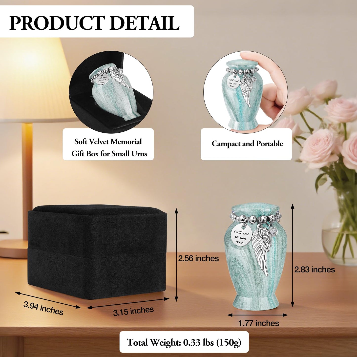 Dletay Small Urns for Human Ashes Keepsake with Box 2.85 Inch Memorial Mini Cremation Urn for Women Men Aluminum Decorative Funeral Urns Case- Lake Green