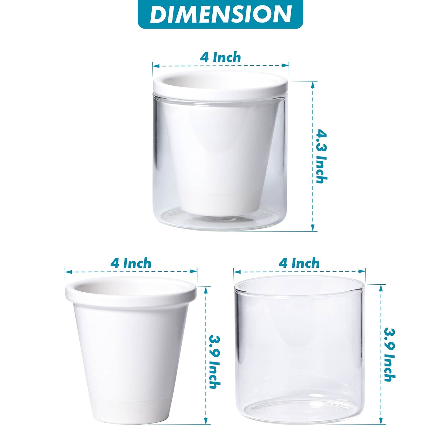 D'vine Dev 4 Inch Design Self Watering Planter for Indoor Plants, White Terracotta Pots with Cylinder Glass Cup, Set of 2, 37-Y-A-2