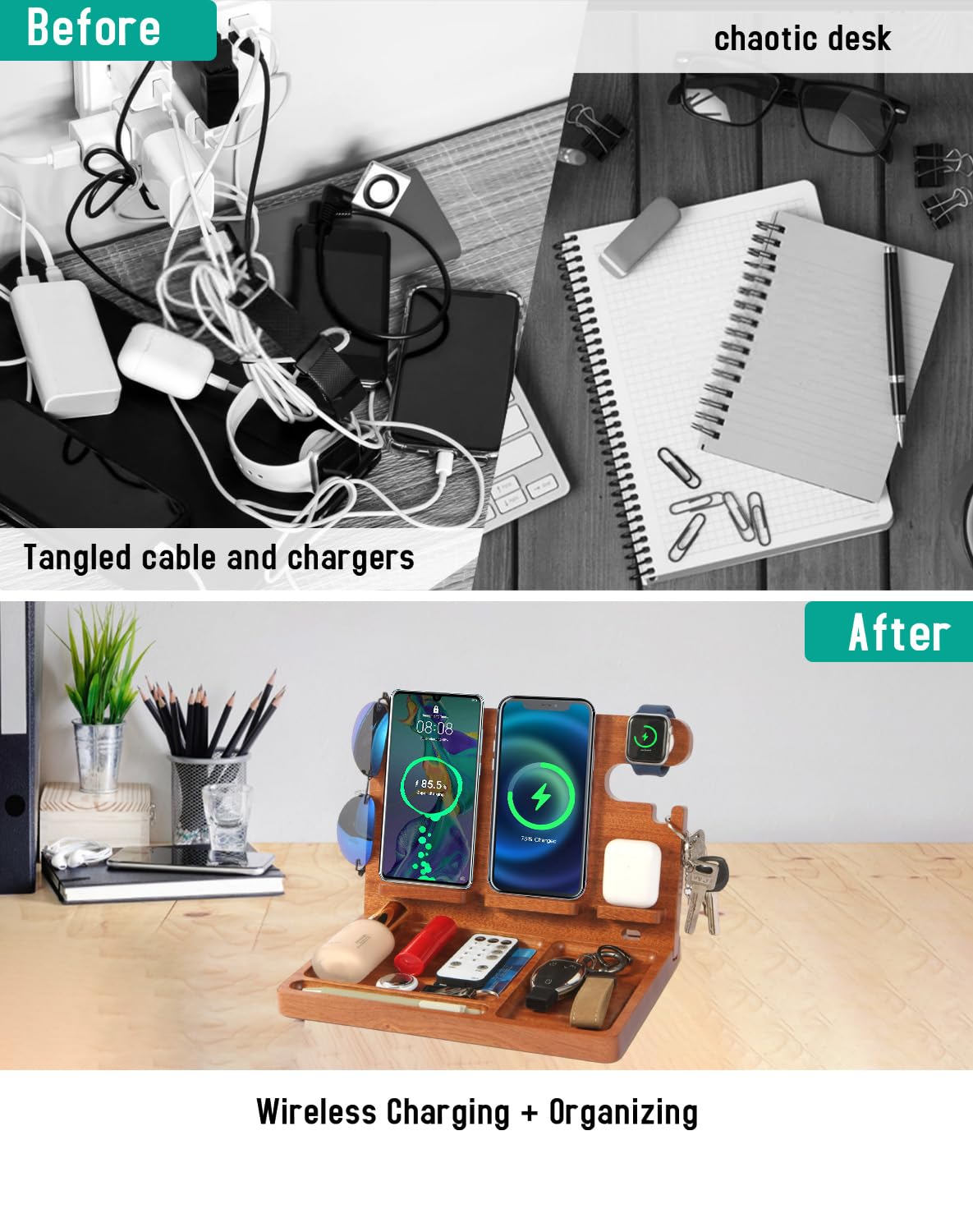 JuncaiTech Nightstand Organizer with 4 Wireless Charger for 2 iPhone/Android Phone,Apple Watch,Airpod,Wood Phone Docking Station,27W Fast Wireless Charging Station,Wallet/Key Holder,Gifts for Dad/Men