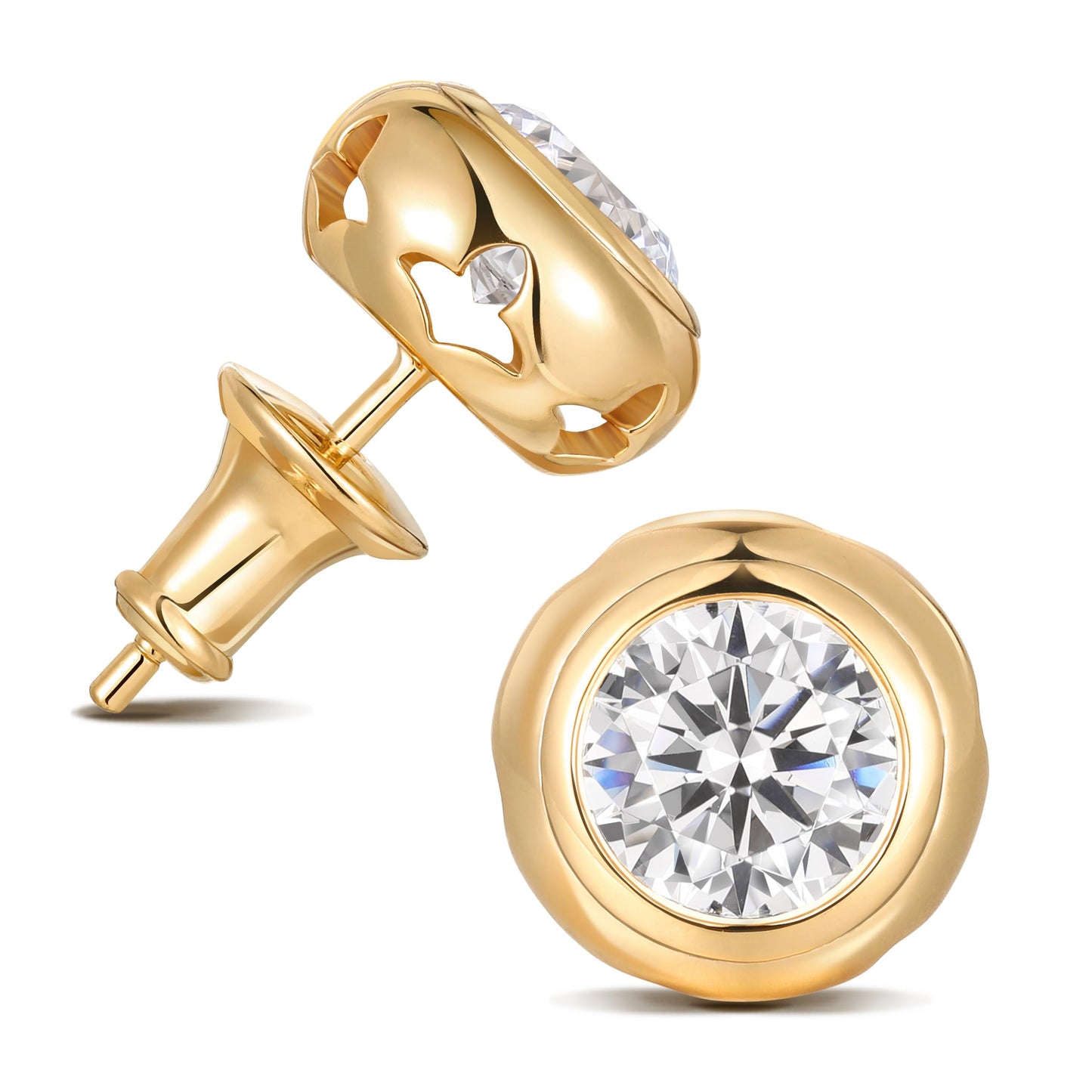 Hypoallergenic Silver Studs Gold Plated Bezel Earrings for Women Comfy Round Zirconia Earrings