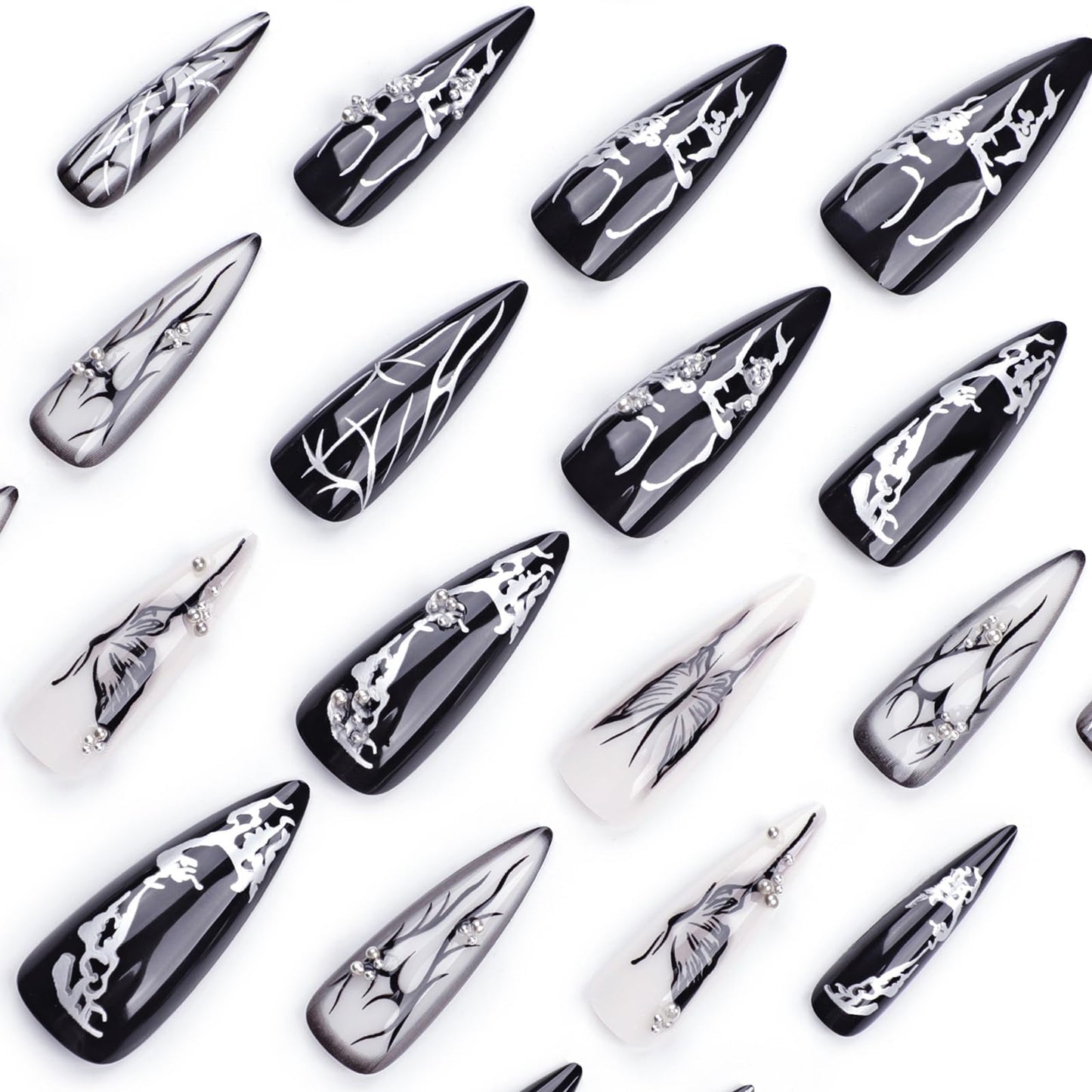 MISUD Press on Nails - Long Stiletto Glue on Nails with Goth Black, Acrylic Gothic Butterfly Design 24 pcs