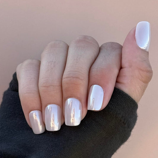 GLAZED NUDE Press-On Nails by Lavaa Beauty | Short Square Nude Pearly Chrome Finish