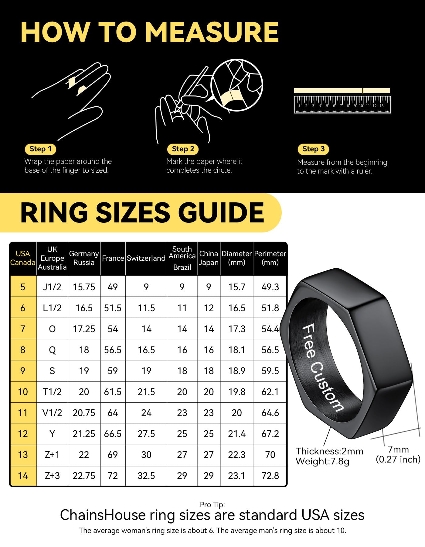 ChainsHouse Personalized Engravable Stainless Steel Black Hexagon Geometric Biker Ring Bands, Size 7