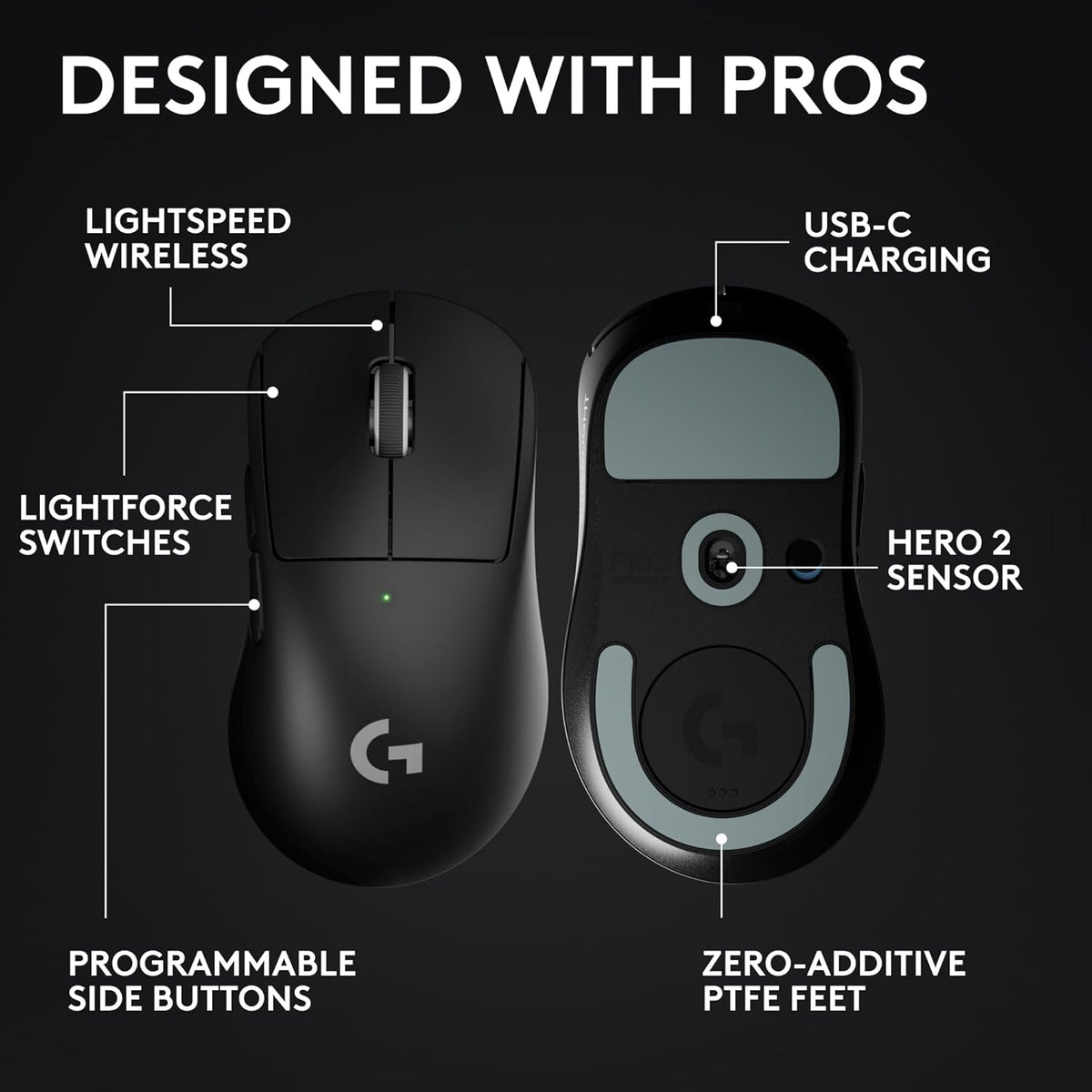 Logitech G PRO X Superlight 2 DEX Wireless Gaming Mouse, 60g pro-Grade Right-Handed Mouse with 5 programmable Buttons, USB-C Charging, 44k DPI Sensor, up to 8 kHz Polling for PC/Mac - Black