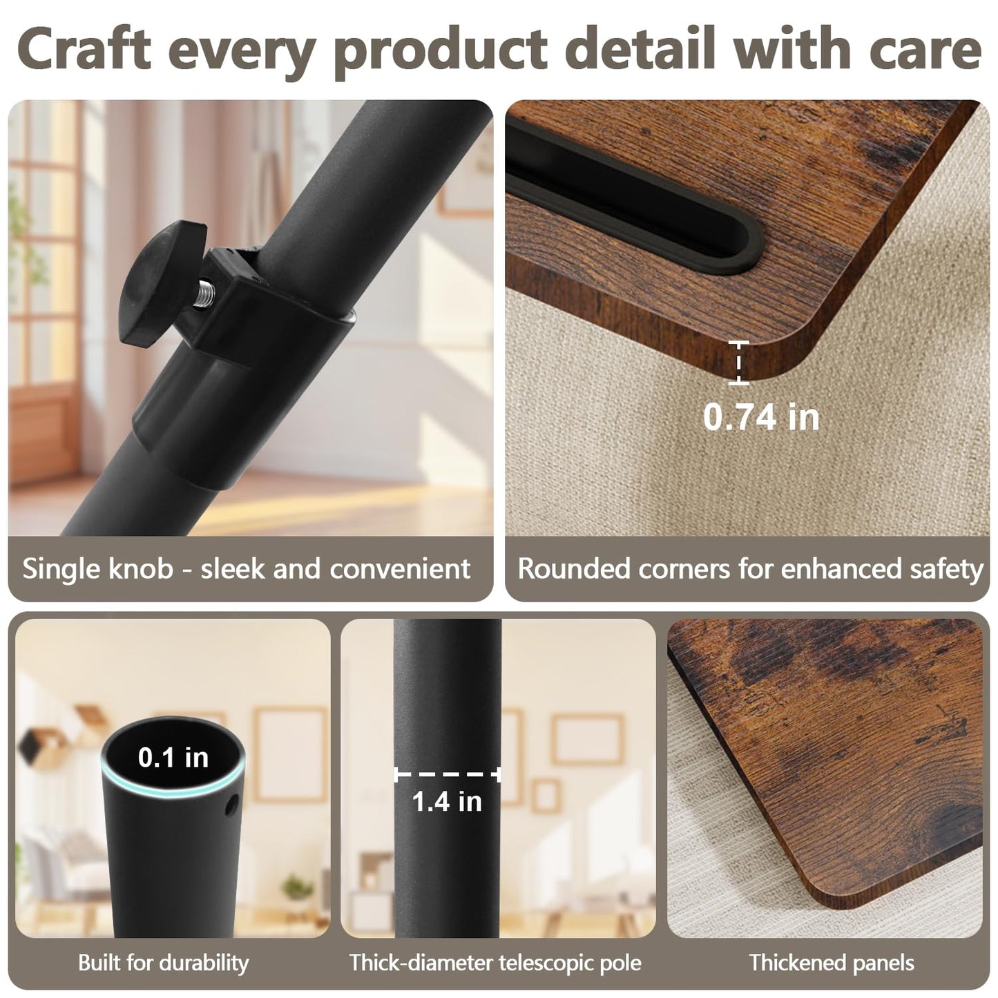 YUHFERA Sofa Armrest Tray Table for Couch - 360° Swivel Height Adjustable End for Small Spaces, Snack Side Table for Bed or Chair with Phone & Tablet Slot (Rustic,Standard)