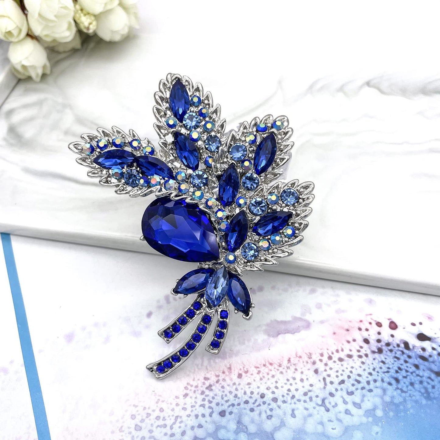 YOQUCOL Blue Austrian Crystal Leaf Shape Bouquet Big Large Brooch Pin Rhinestone Scarf Decoration Wreath Cloth Pin For Women