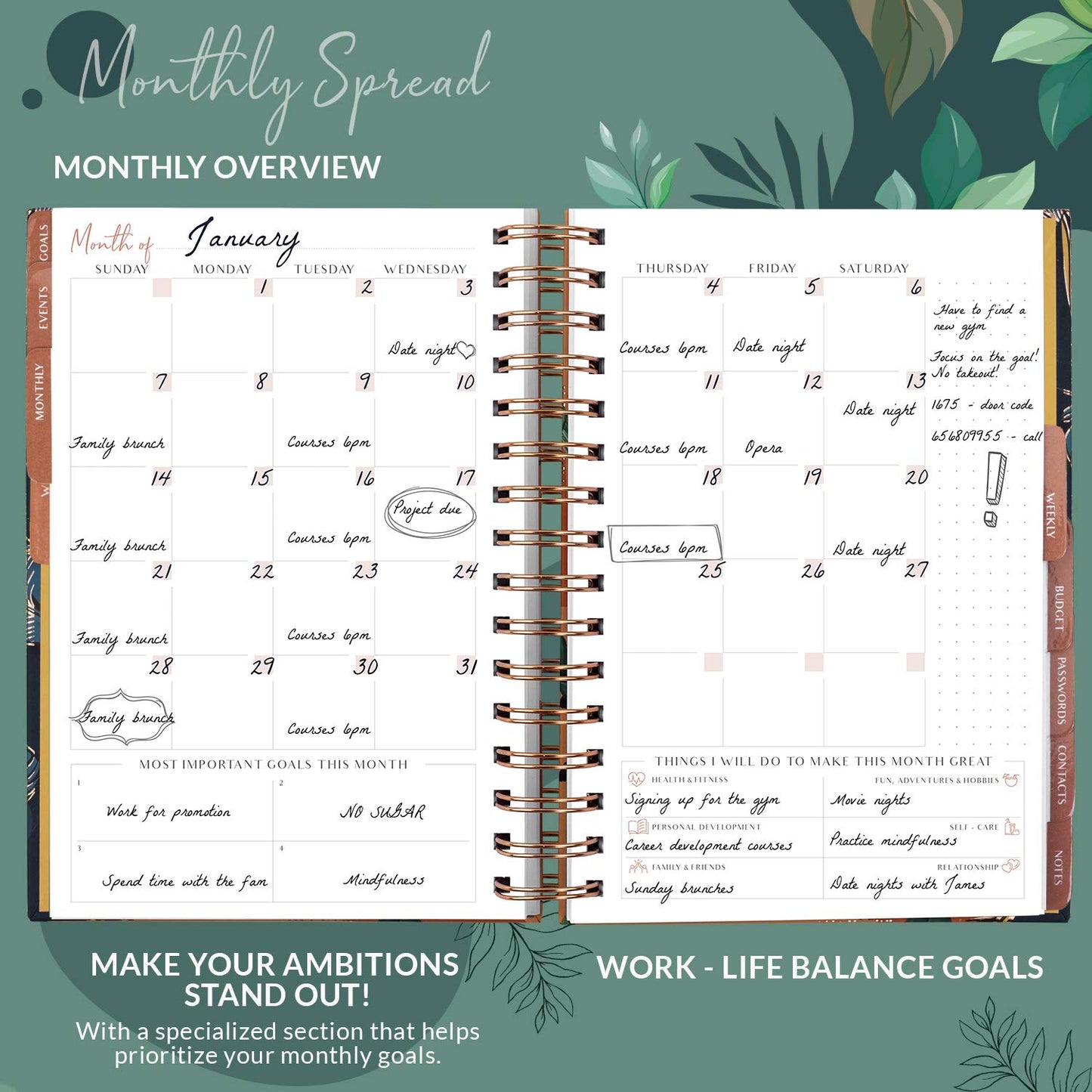 PLANBERRY Hourly Schedule Planner Premium – Undated Weekly Organizer with Time Slots & Monthly Budget – Time Management, Goal Setting, to-Do List & Habit Tracker –6.9″x8.5″(Green Pastures)