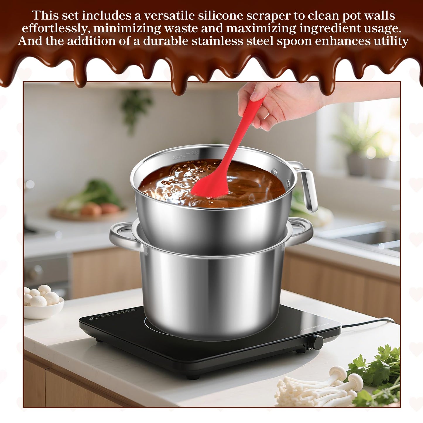 BOHUIZ 304 Stainless Steel Double Boiler with Spatula and Spoon, 4.2QT Dual-Handle Pot 2.6QT Melting Bowl with Scale and Handle Stackable Water Bath Melting Pot Set for Chocolate, Butter, Sugar, Wax