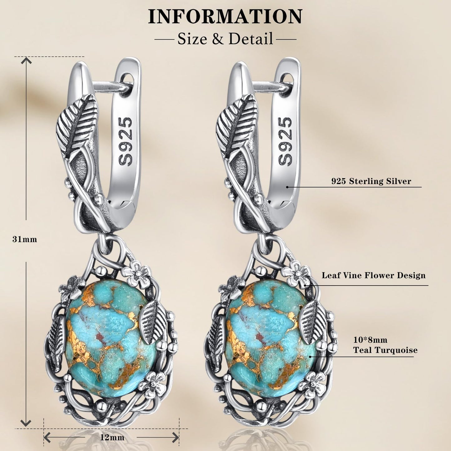 Phyonio Teal Oval Turquoise Dangle Earrings for Women Leaf Vine Flower Latch Back 925 Sterling Silver Earring Vintage Oxidised Boho Jewelry Valentines Day Gift for Wife
