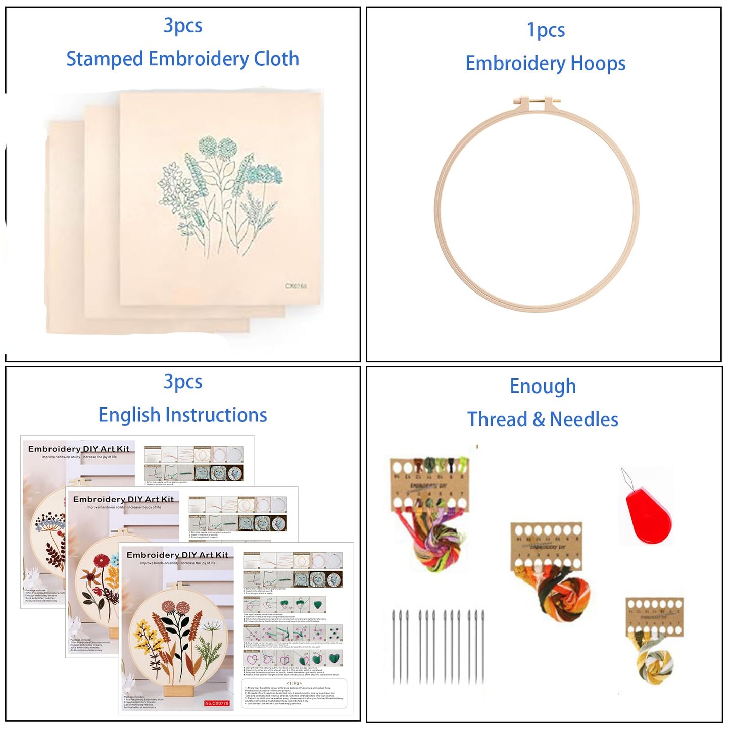 Smart-Feather 3 Sets Embroidery kit for Beginners, Hand Embroidery Kits for Adults with Hoop, DIY Art Project Craft Kit (Flower)