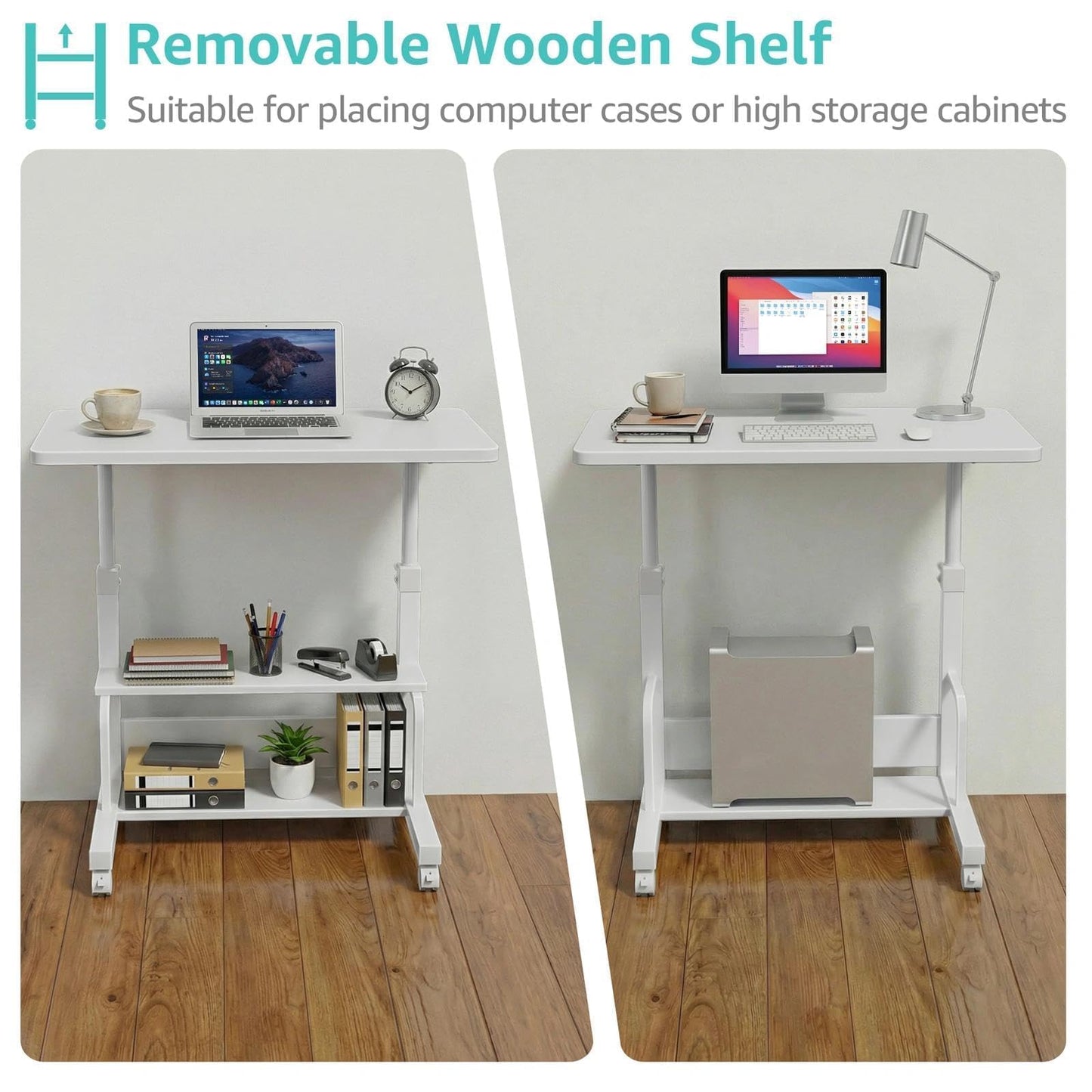 WINAZ Small Portable Laptop Rolling Desk - 32" White Mobile Kids Desk with Wheels for Small Spaces, Height Adjustable C Shaped Side Table with 2-Tier Storage Shelves for Bedroom