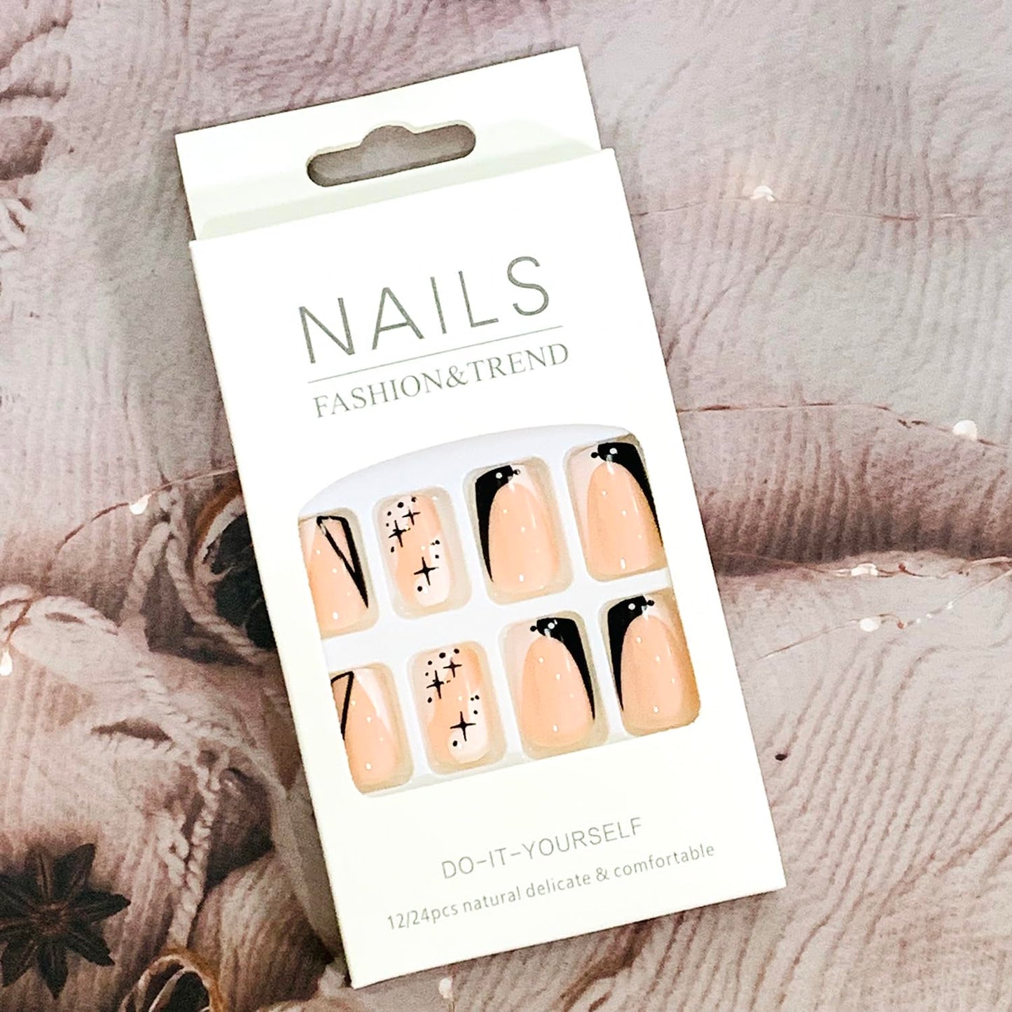 Vezocim Press on Nails Square Shapes 24Pcs French Tips Glossy Full Cover Medium Acrylic Square False Nails with Star Designs Artificial Coffin Medium Fake Nails Glue Stick ons Fingernails for Women