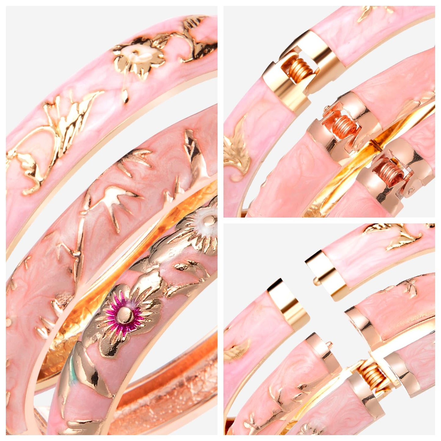 UJOY Vintage Cloisonne Bracelet Beautiful Flower Enamel Hinge Gold Plated Rose Bangles Jewelry for Women's Gifts 55A 3pcs Pink