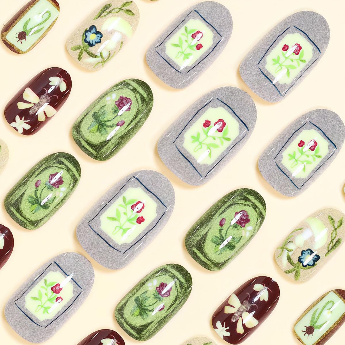 Short Oval Press on Nails - Dragonfly, Flower & Botanical Oil Painting Design, Full Cover Glossy Fake Nails 24PCS for Women Manicure