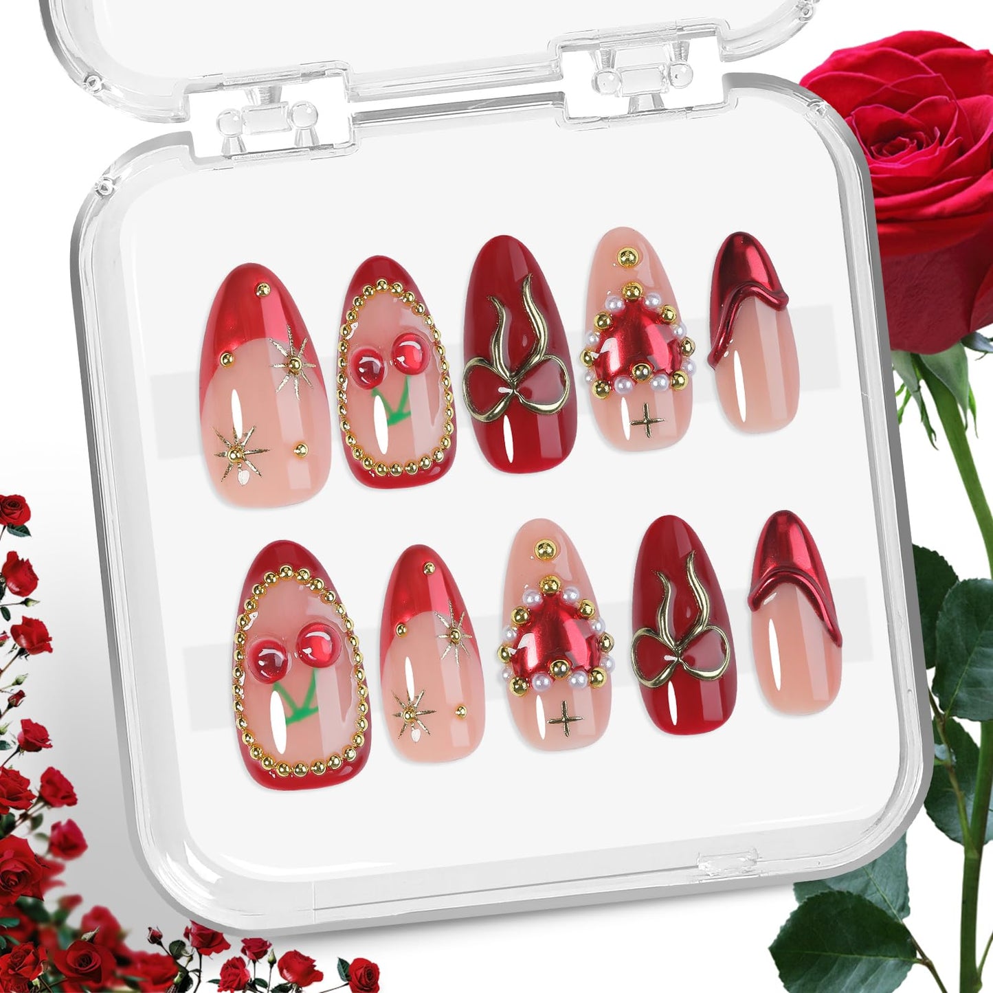 Red Cherry Heart Almond Cute Press-On Nails, Handmade Acrylic French Tips with Gold Bead Frame, Metallic Finish & Sculpted Bow Design, 10pcs Set for Valentine’s Day & Holiday DIY Manicure – Appife