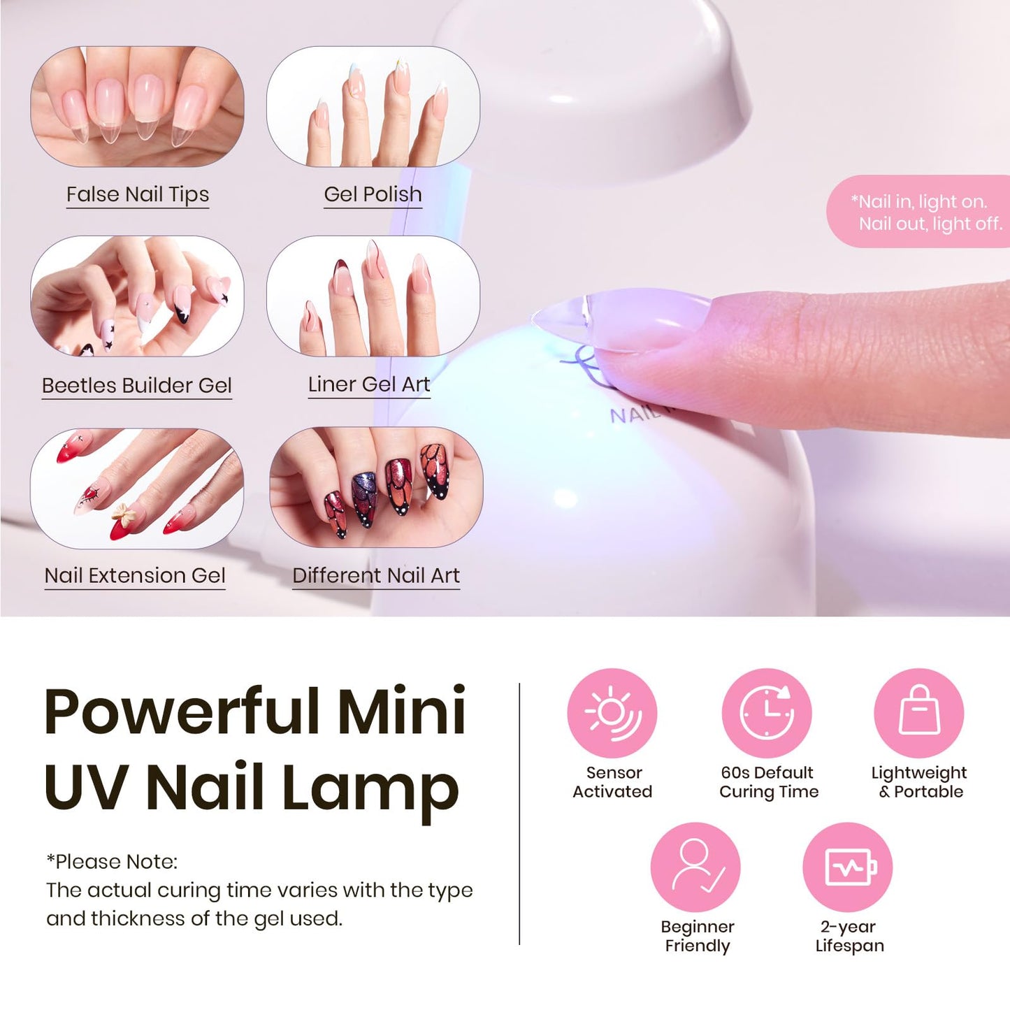 Beetles Tipex Nail Tips Kit Almond Medium, 224Pcs 16 Sizes,Pre-building Pre-Etched Strong Thicker Acrylic Tips with Mini U V Lamp Tipex Nail Glue