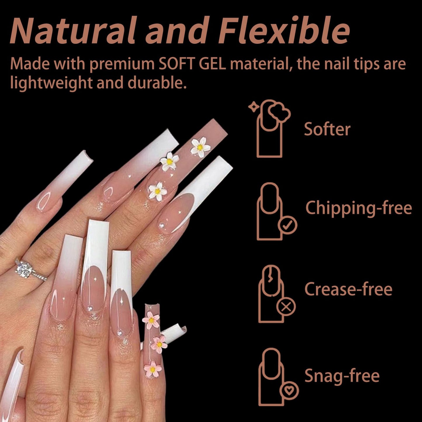 Cycullinyt Long Square Nail Tips, 240Pcs Full Cover + Half Cover Soft Gel Nail Tips Pre-shaped Clear Acrylic False Nail Tips Press On Nails for Extensions Manicure Home Salon DIY 12 Sizes