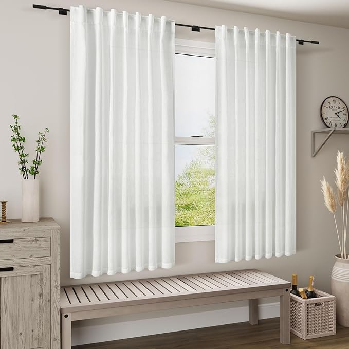 Nanspring White Linen Curtains for Living Room 84 inches Long 2 Panels Set Pure White Semi Sheer Curtains Back Tab Rod Pocket Modern Farmhouse Decor Elegant Curtains 34 X 84,2 Panels