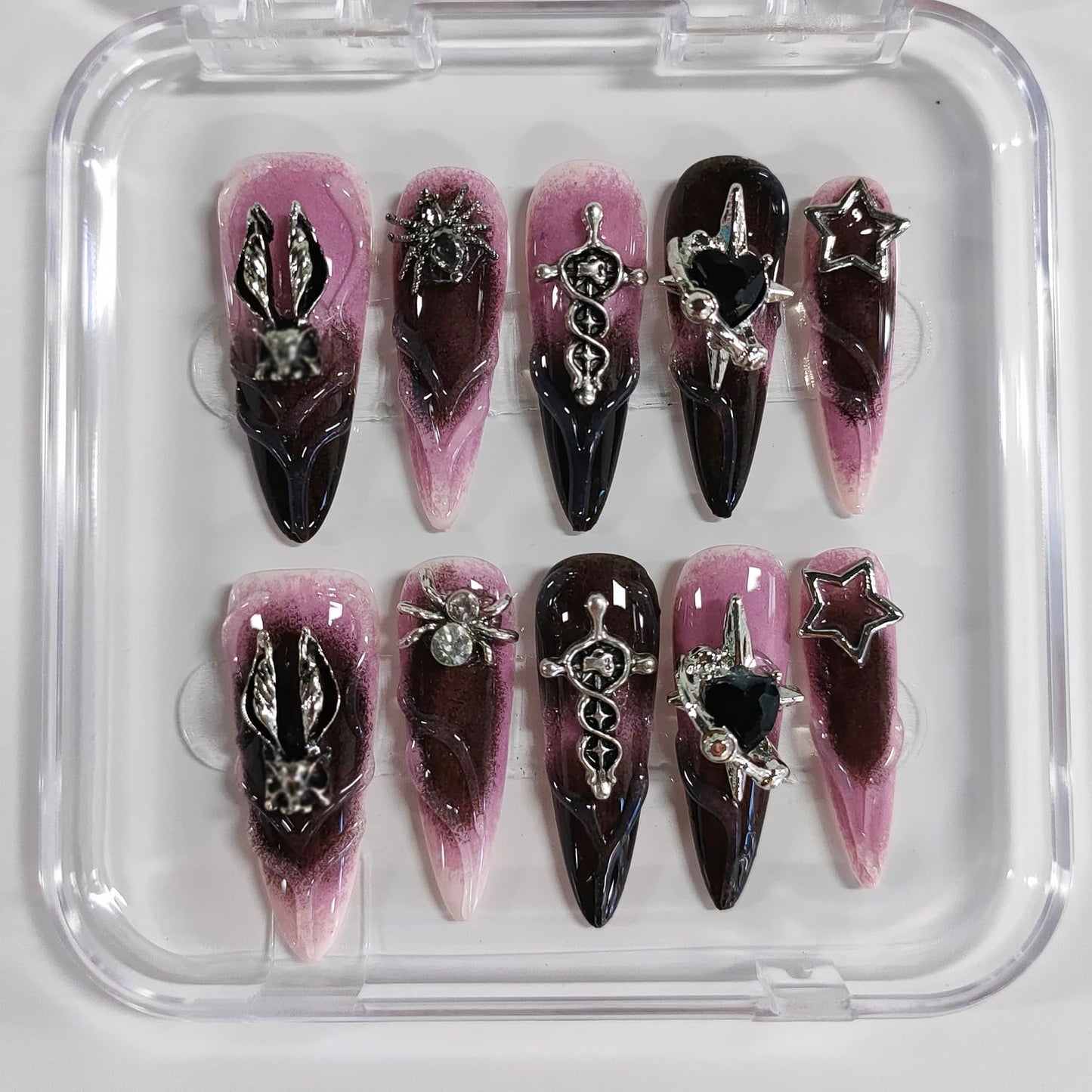 Halloween Handmade Press on Nails Long Almond 3D Nails Gothic Thick Acrylic Fake Nails Ombre False Nails with Rhinestones Spider Heart Designs Pink&Black Sturdy Nail Art Press on Nails 10Pcs(S)
