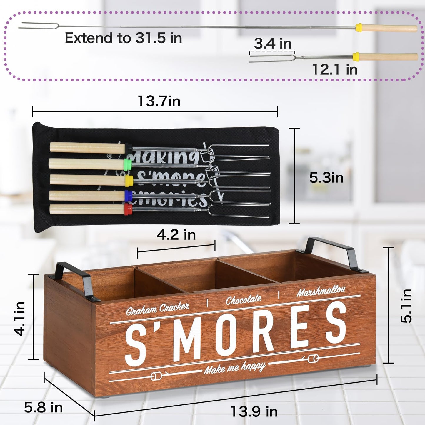 S'Mores Station, Farmhouse Smores Caddy with Handles, Smores Kit for Fire Pit Smores Maker Box, Smores Bar Station with 5Pcs Extendable Marshmallow Roasting Sticks, Camping Essentials Gear Accessories