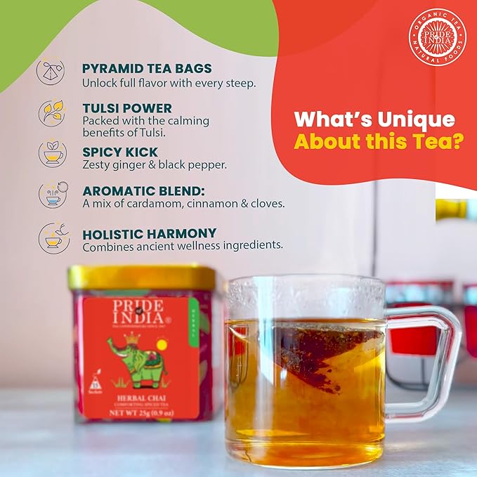 Pride Of India - Natural Herbal Chai (Comforting Spiced Tea), PACK of 1-15 Tea Bags