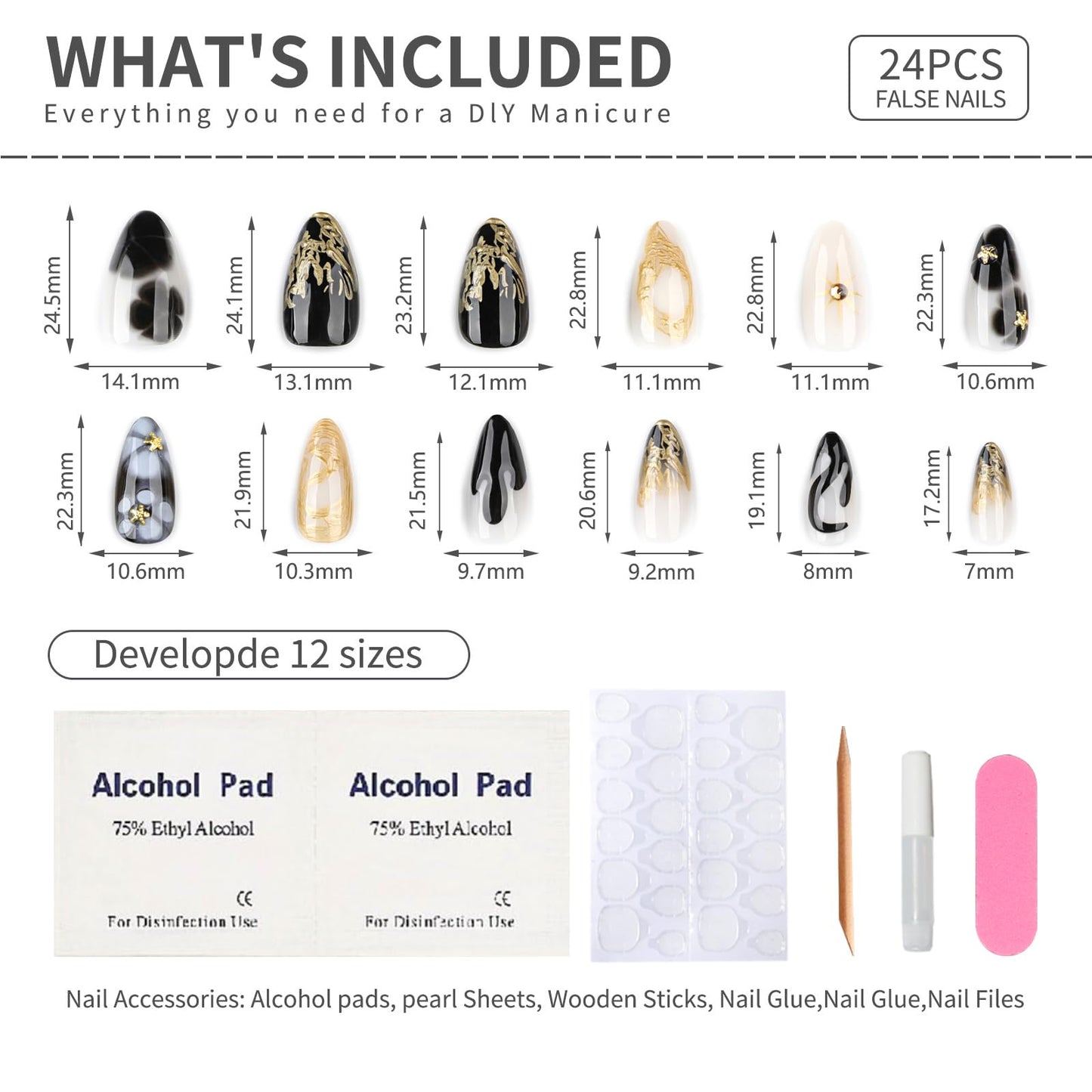 Medium Length Almond Press On Nails, 3D Gold French Tip & Stars Design, Coffin Shape Full Cover False Nails, Reusable Acrylic Glue On Nails for Women, DIY Manicure Kit