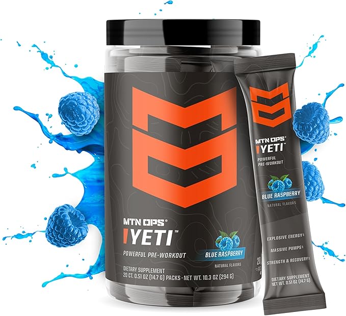 MTN OPS Yeti Trail Packs Pre-Workout Powder Energy Drink with Creatine, 200mg Caffeine & BCAAs with Beta Alanine, 20-Single Servings, Blue Raspberry