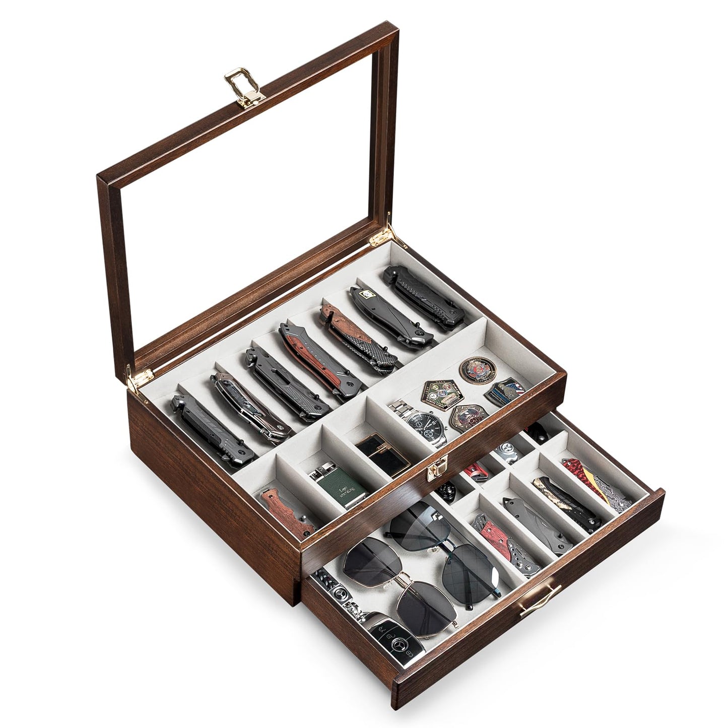 Emfogo Pocket Knife Display Case for Collection of 18-24 Folding Knives, Pocket Case with Real Glass Window Top, Two-Tier Knife Organizer Storage Box, Men's Gift (Walnut)