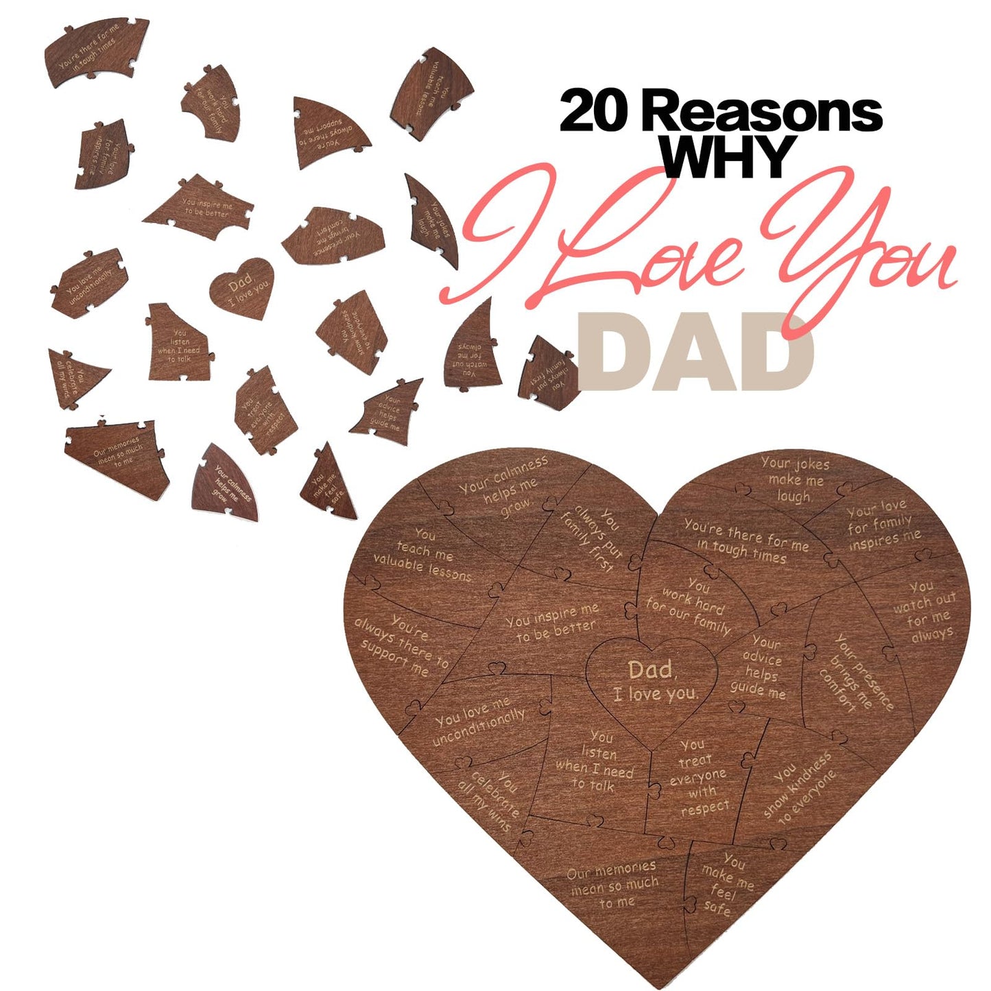 Birthday Gifts for Dad from Daughter or Son,20 Reasons Why I Love You Wooden Fathers Dad Puzzle Pieces Gift Idea