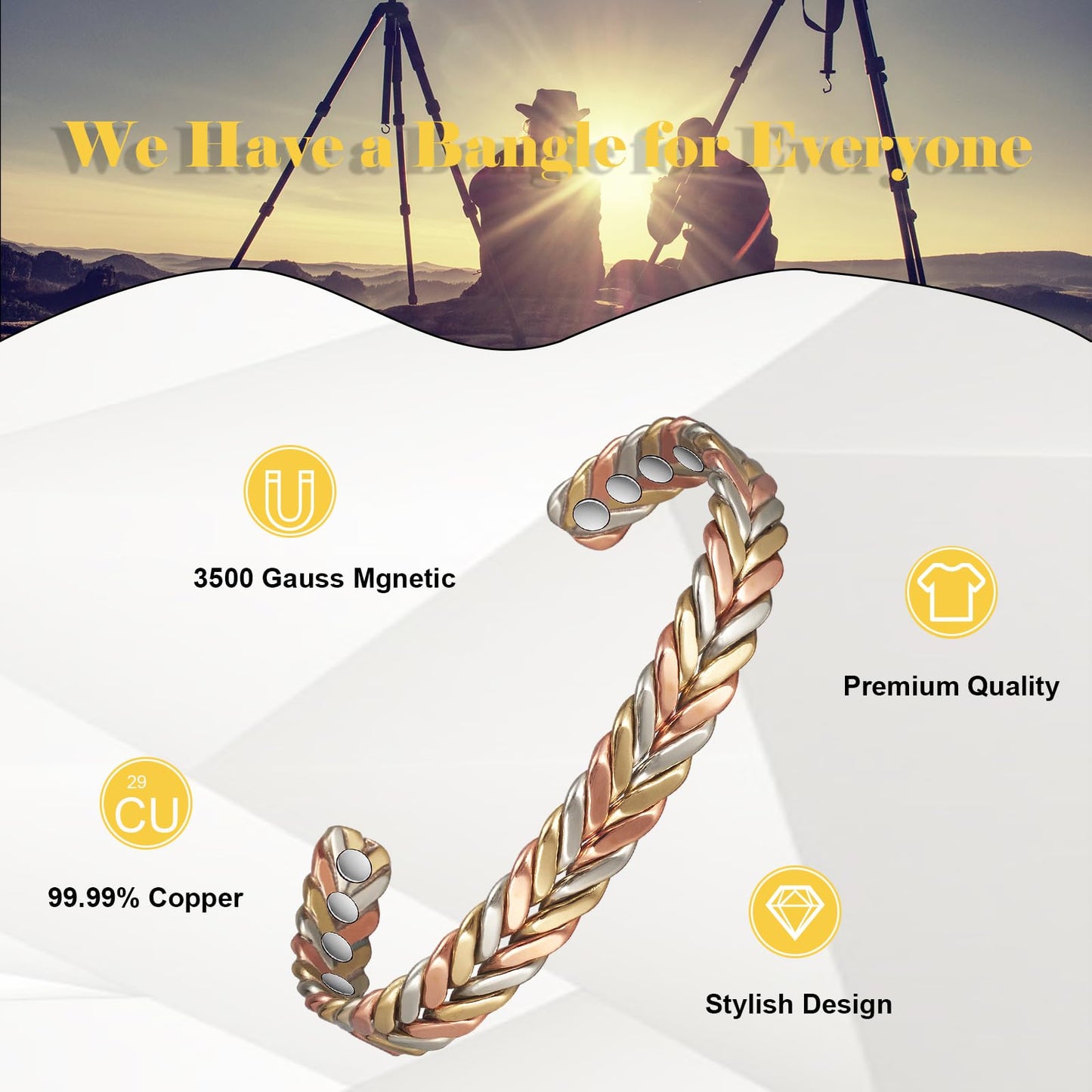 EnerMagiX Copper Bracelets for Women, 99% Pure Adjustable Tricolor Gold Braided Bracelet, Copper Jewelry Gift (0932)