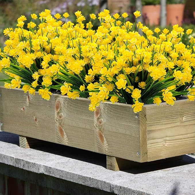 Artificial Flowers Outdoor UV Resistant Fake Plants Indoor Outside Hanging Planter Home Garden Decor, 10 Bundles (Yellow)