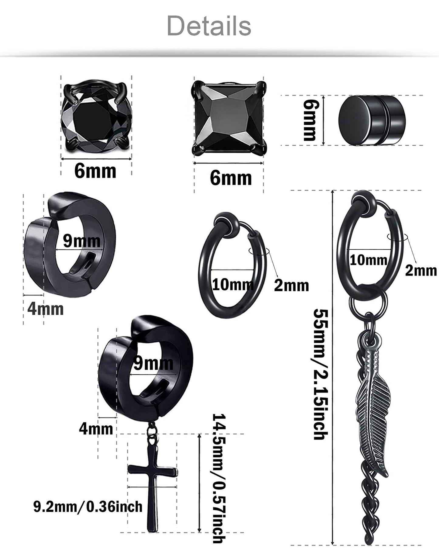 Ofeiyaa 7 Pairs Magnetic Stud Earrings Stainless Steel CZ Clip On Earring Non-Piercing Huggie Hoop Earring Chain Feather Pendant Drop Dangle Earrings Set For Women Men Black Silver Tone