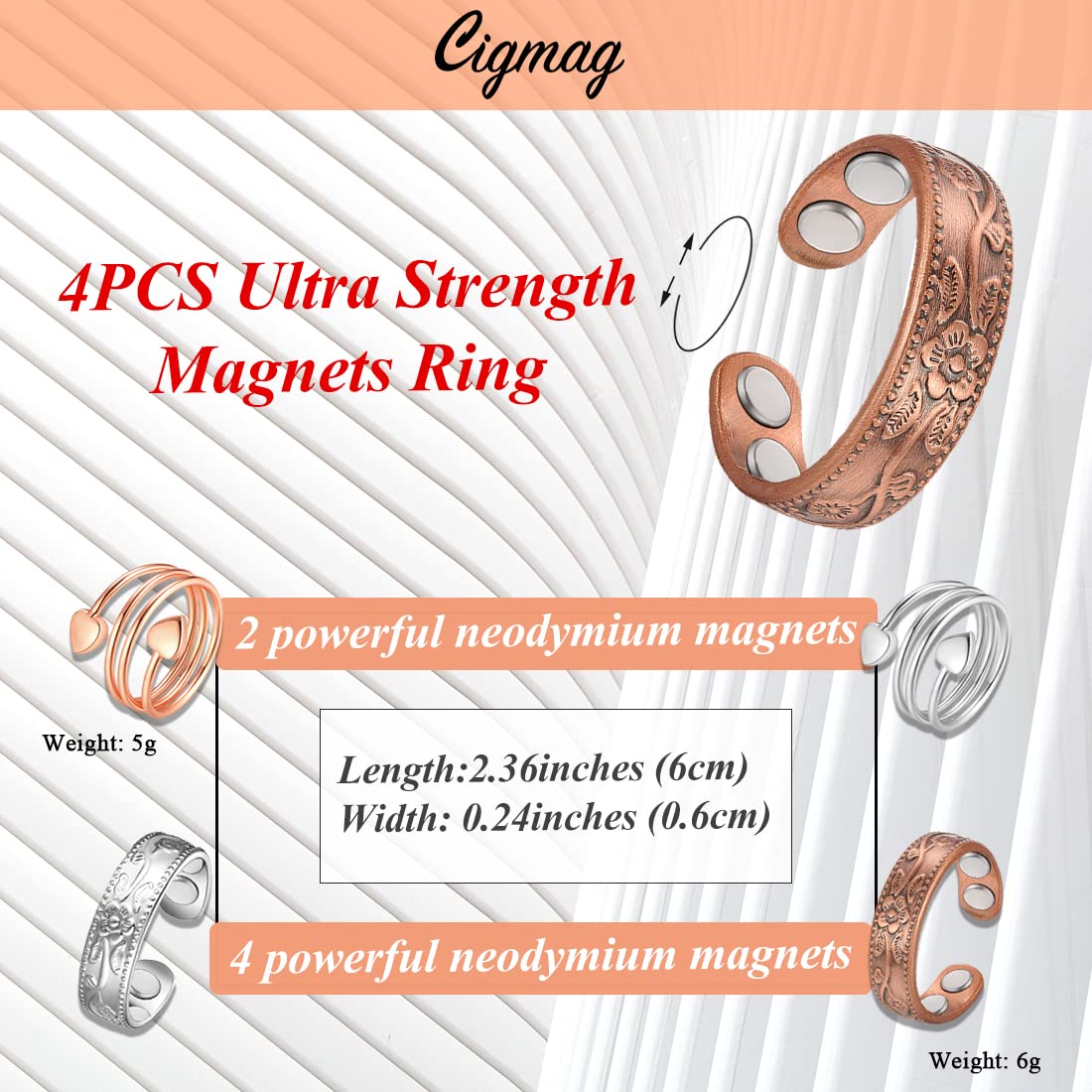 Cigmag 4PCS Copper Rings for Women, Magnetic Rings Strong Magnets Pure Copper, Adjustable