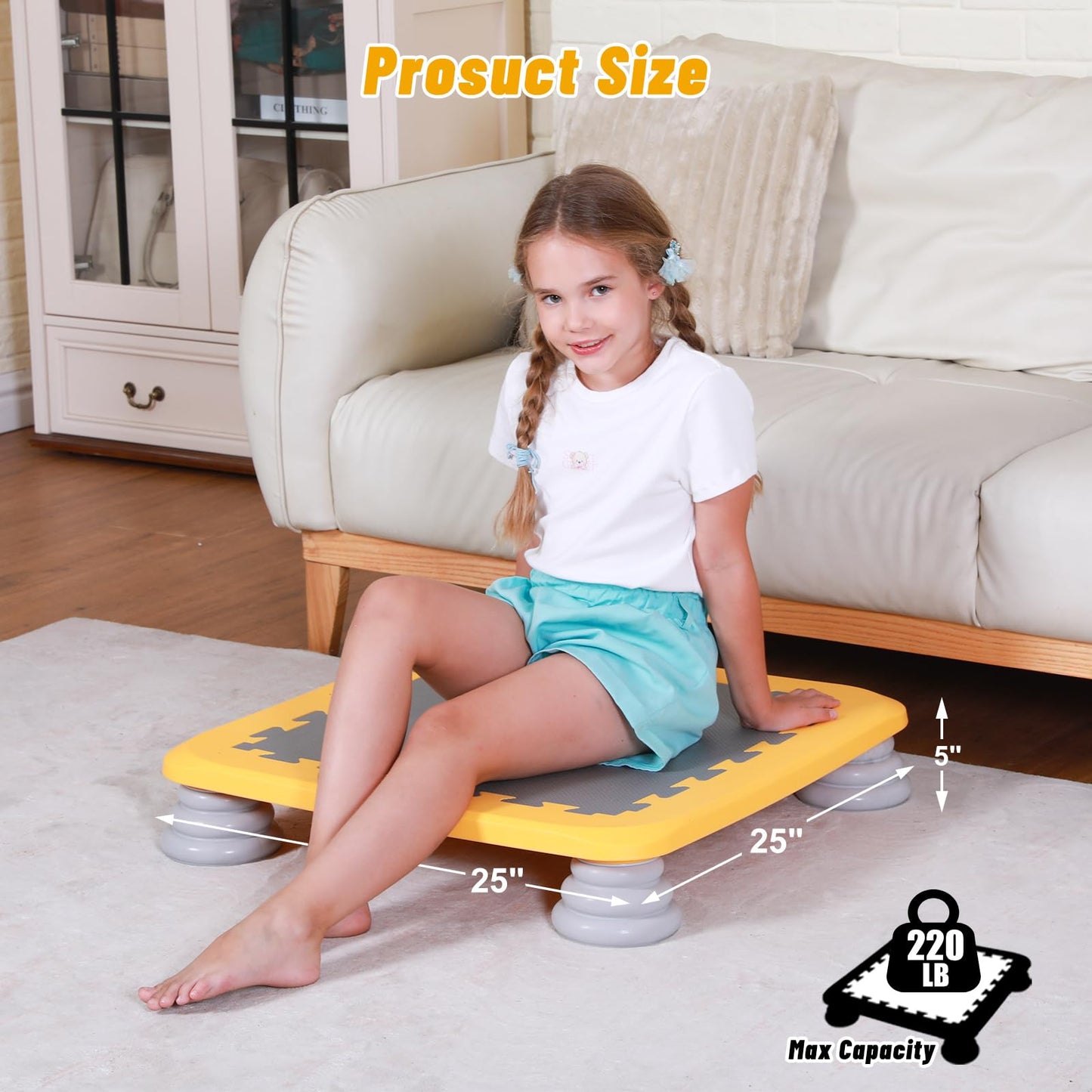 KreyNa Mini Trampoline for Kids, 25 Inch Sensory Trampoline Bouncing Board with Non-Slip Base, Balance and Bounce Jumping Toy Gift for 3-12 Boys & Girls, Yellow