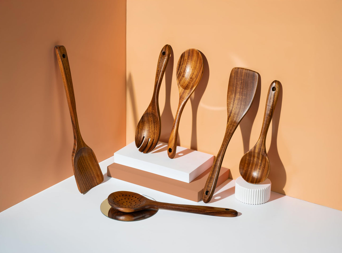 New Kitchen 6 Piece Non Toxic Wooden Spoons for Cooking - Smooth Finish Teak Kitchen Utensils Set - Non-Stick Wooden Spatula Perfect for Pasta, Mixing and Kitchen Essential and Gift