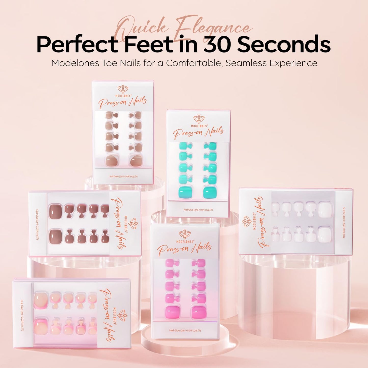 Modelones Press on Toenails Short, Hot Pink French Tip Toe Nails Square, Reusable Nail Kit with Nail Glue Adhesive Tabs Mini Nail File, Toe Nails 36Pcs 18Sizes, Summer Spring Women Girl Gift