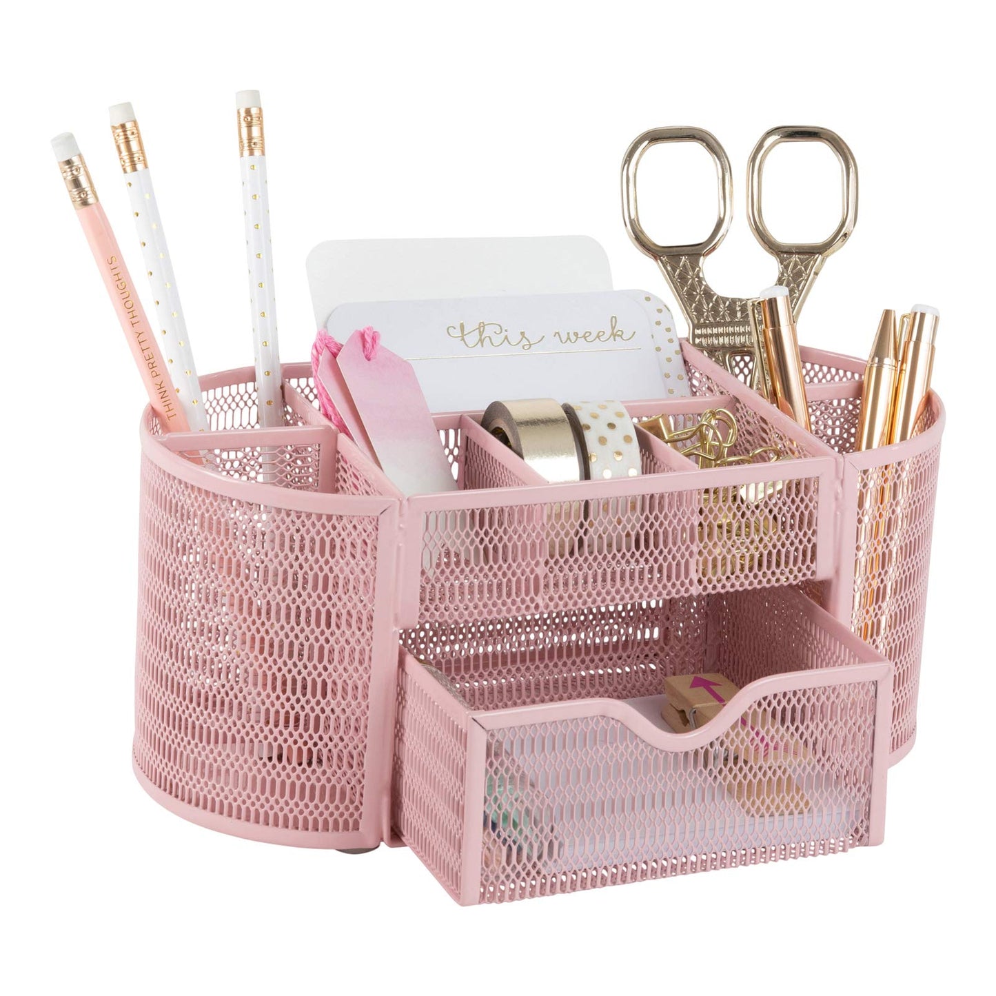 BLU MONACO | Pink Desk Organizers Metal Mesh Stationery Holder | Wire Mesh Desk Organizer with Compartments | Desk File Folder Organizer for Office Accessories